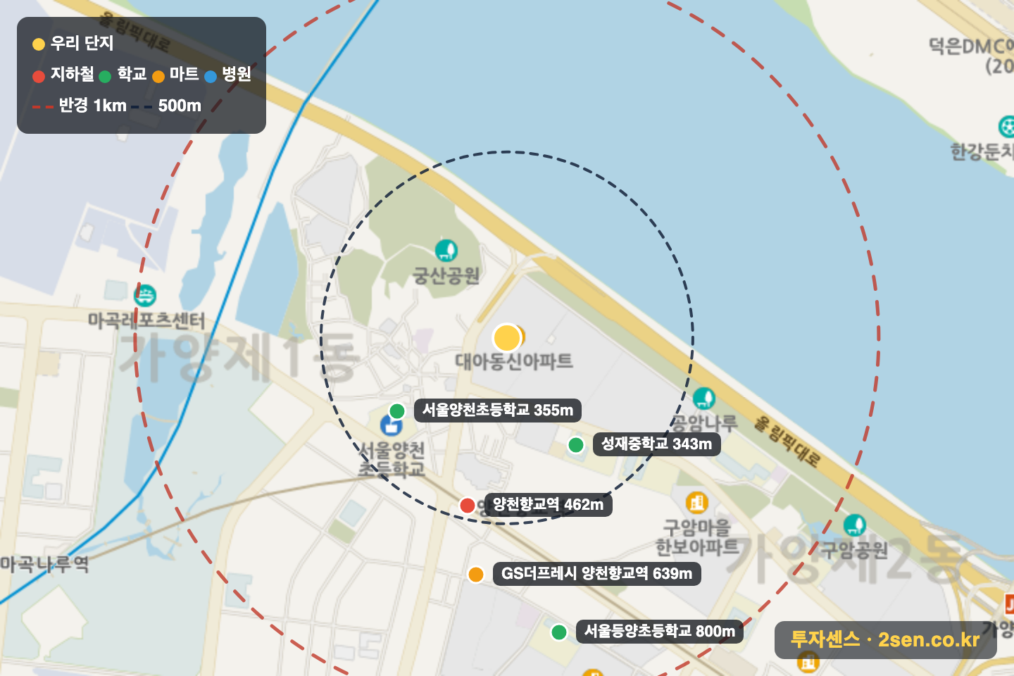 동신대아 반경 1km 입지 지도(지하철·학교·마트)