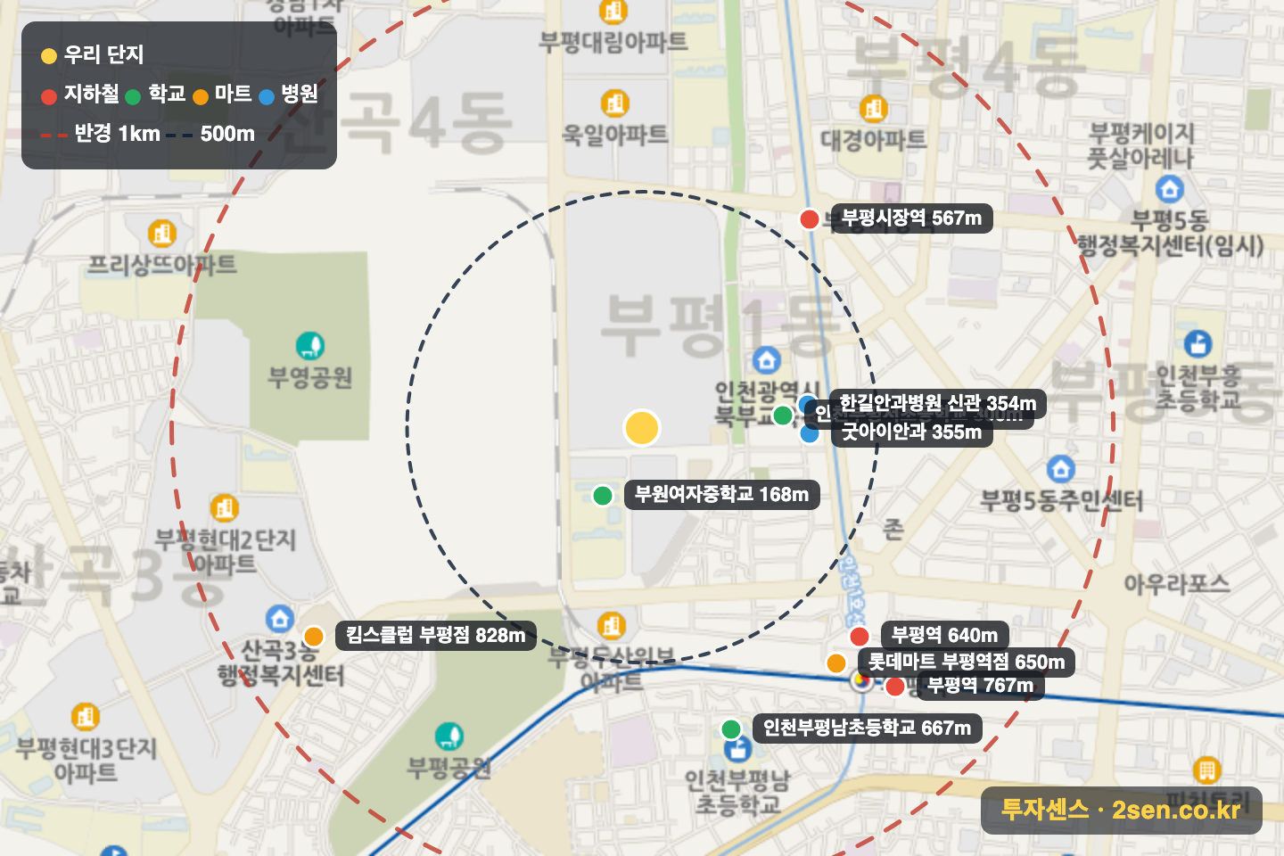동아(1차) 반경 1km 입지 지도(지하철·학교·마트)