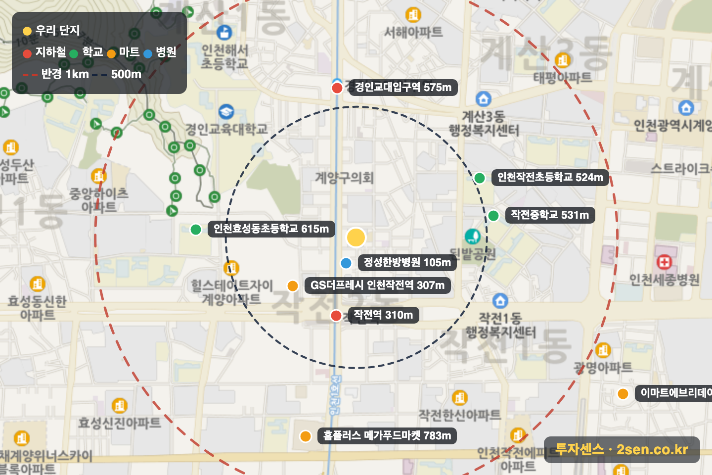 동아 반경 1km 입지 지도(지하철·학교·마트)