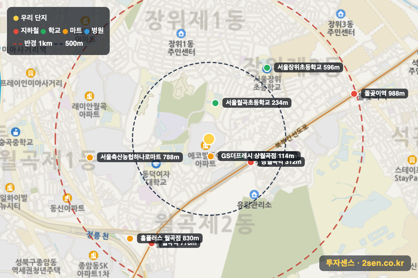 동아에코빌 반경 1km 입지 지도(지하철·학교·마트)
