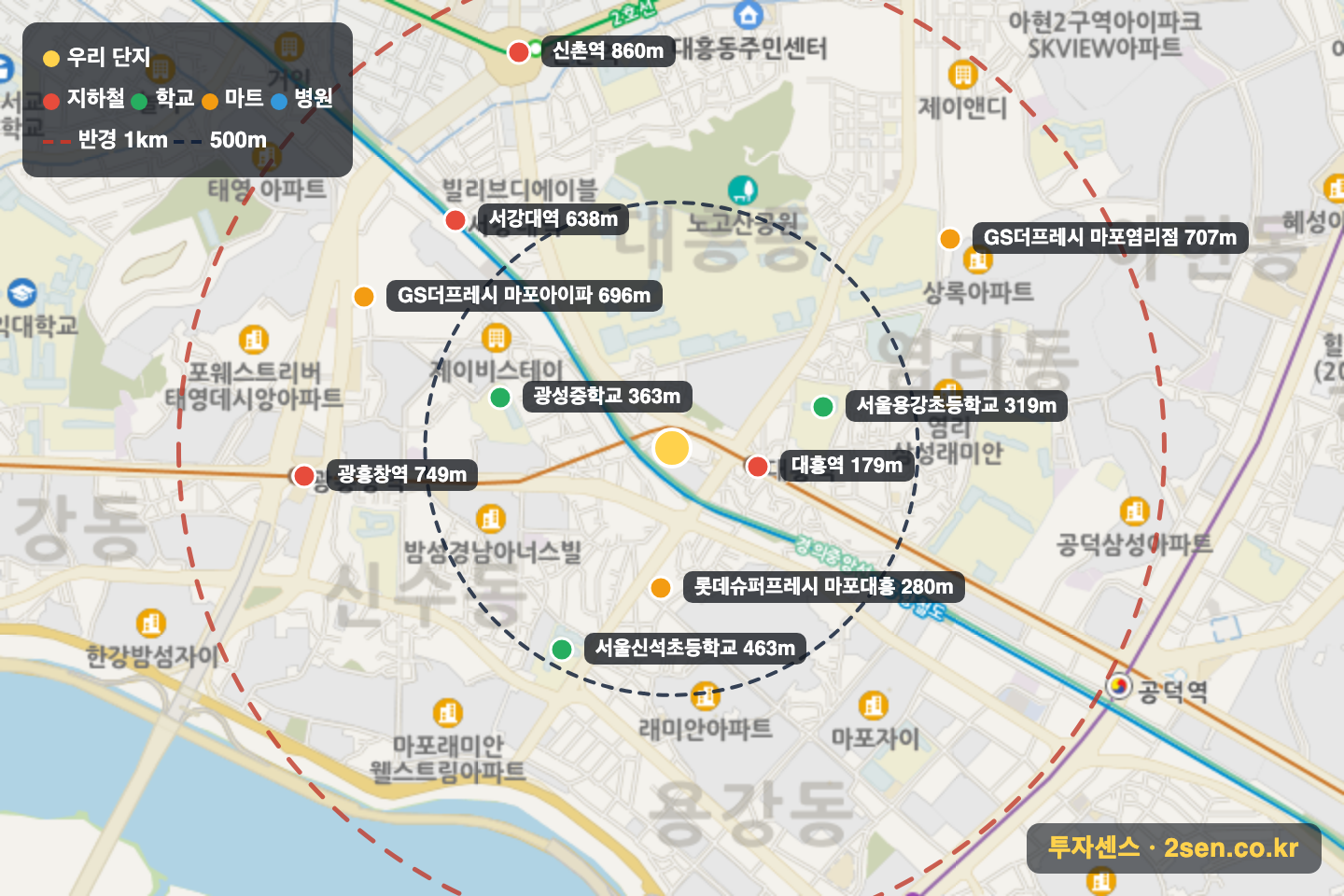 동양엔파트 반경 1km 입지 지도(지하철·학교·마트)