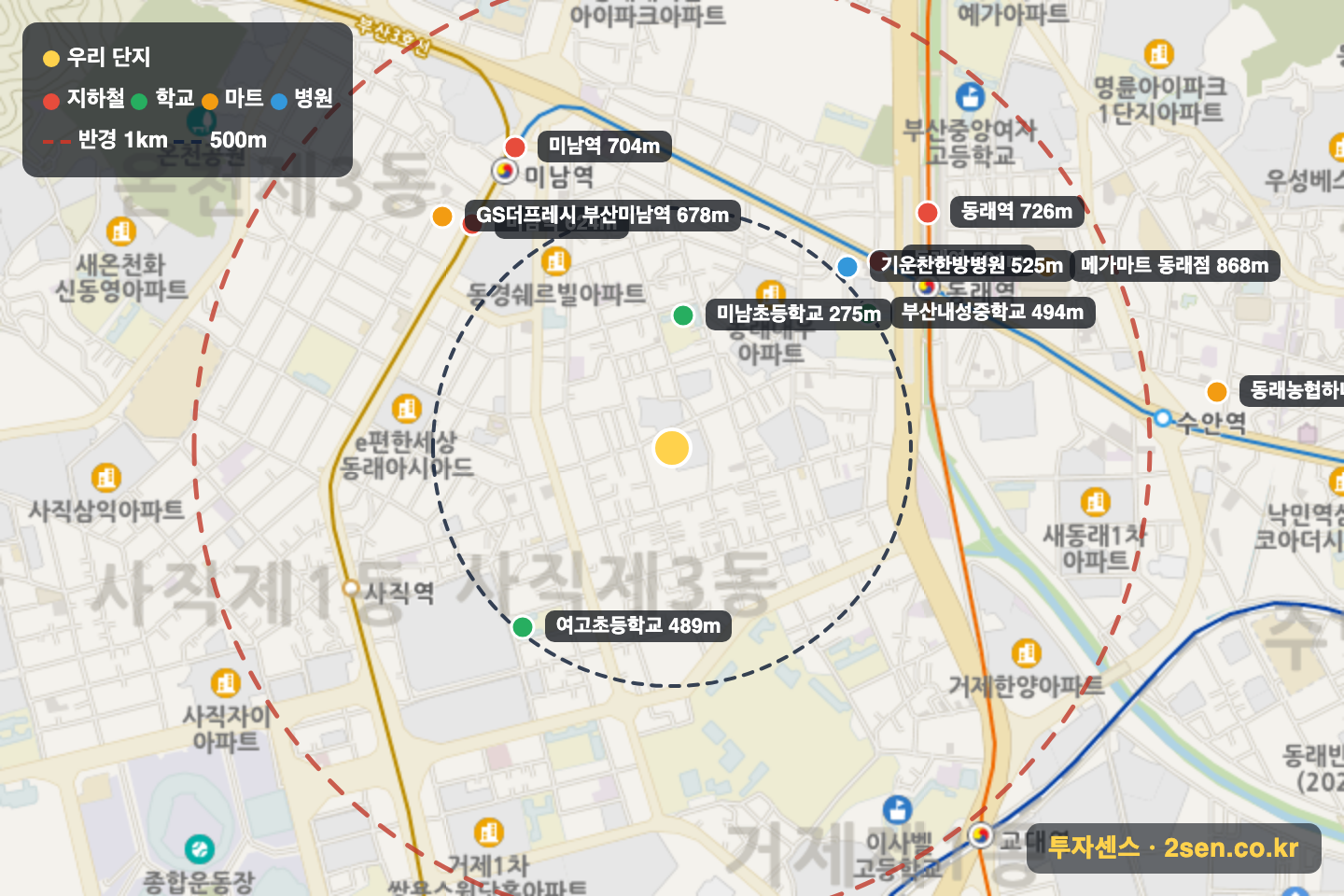 동원 반경 1km 입지 지도(지하철·학교·마트)