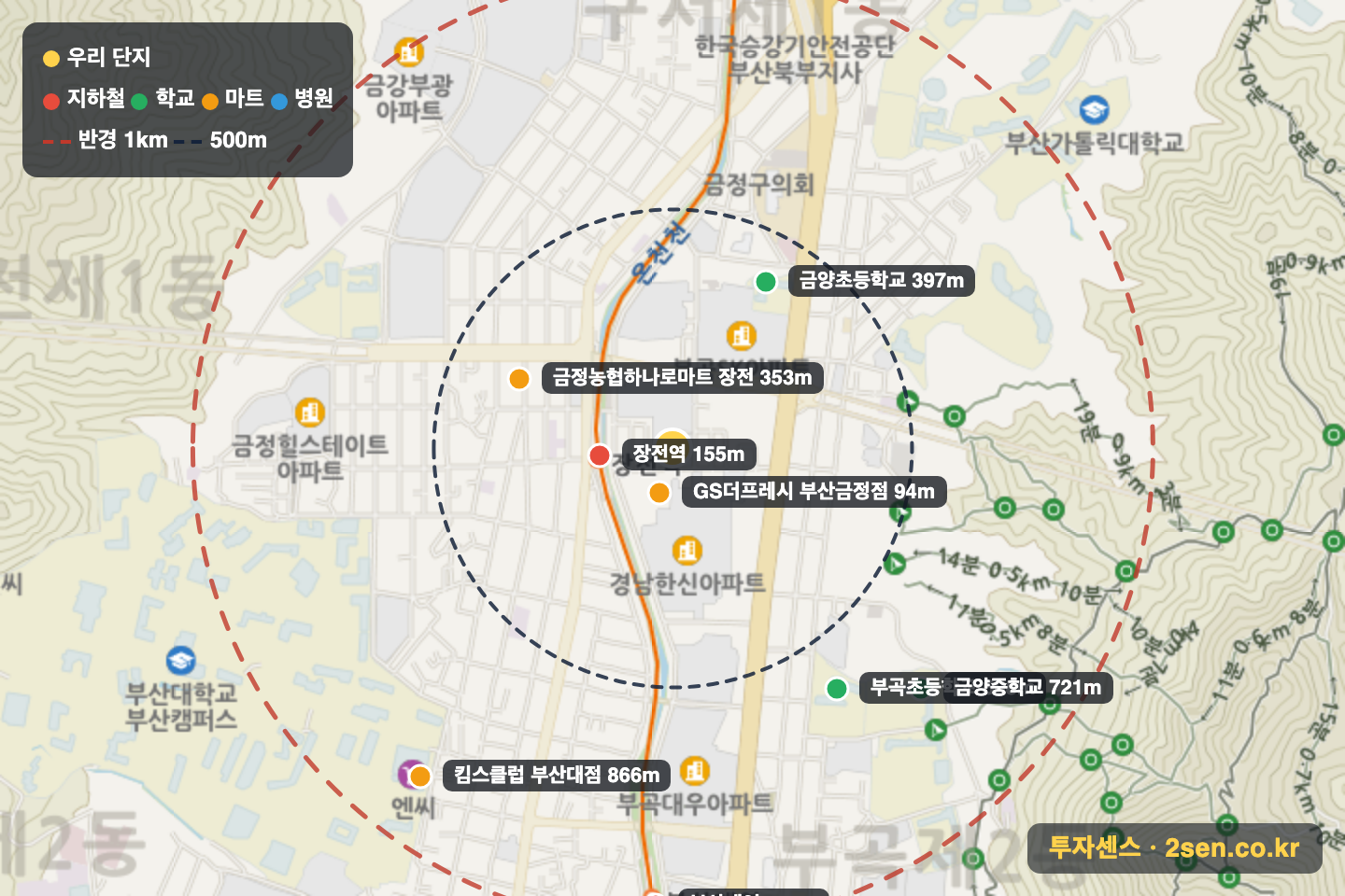 동원로얄듀크 반경 1km 입지 지도(지하철·학교·마트)