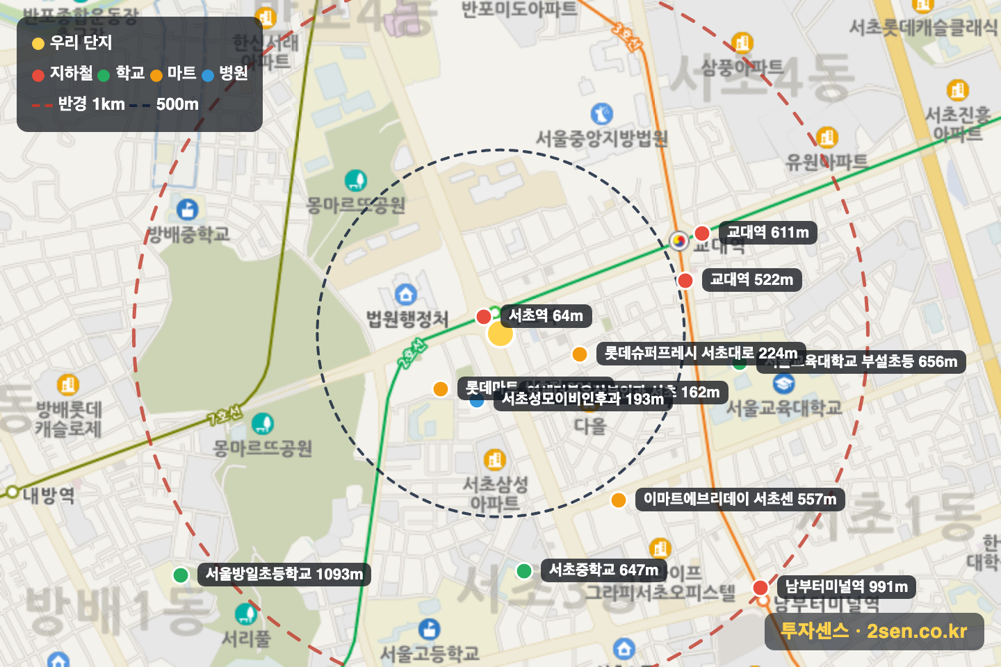 동일하이빌 반경 1km 입지 지도(지하철·학교·마트)