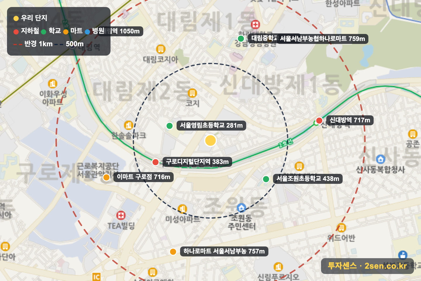 동작협성휴포레시그니처 반경 1km 입지 지도(지하철·학교·마트)