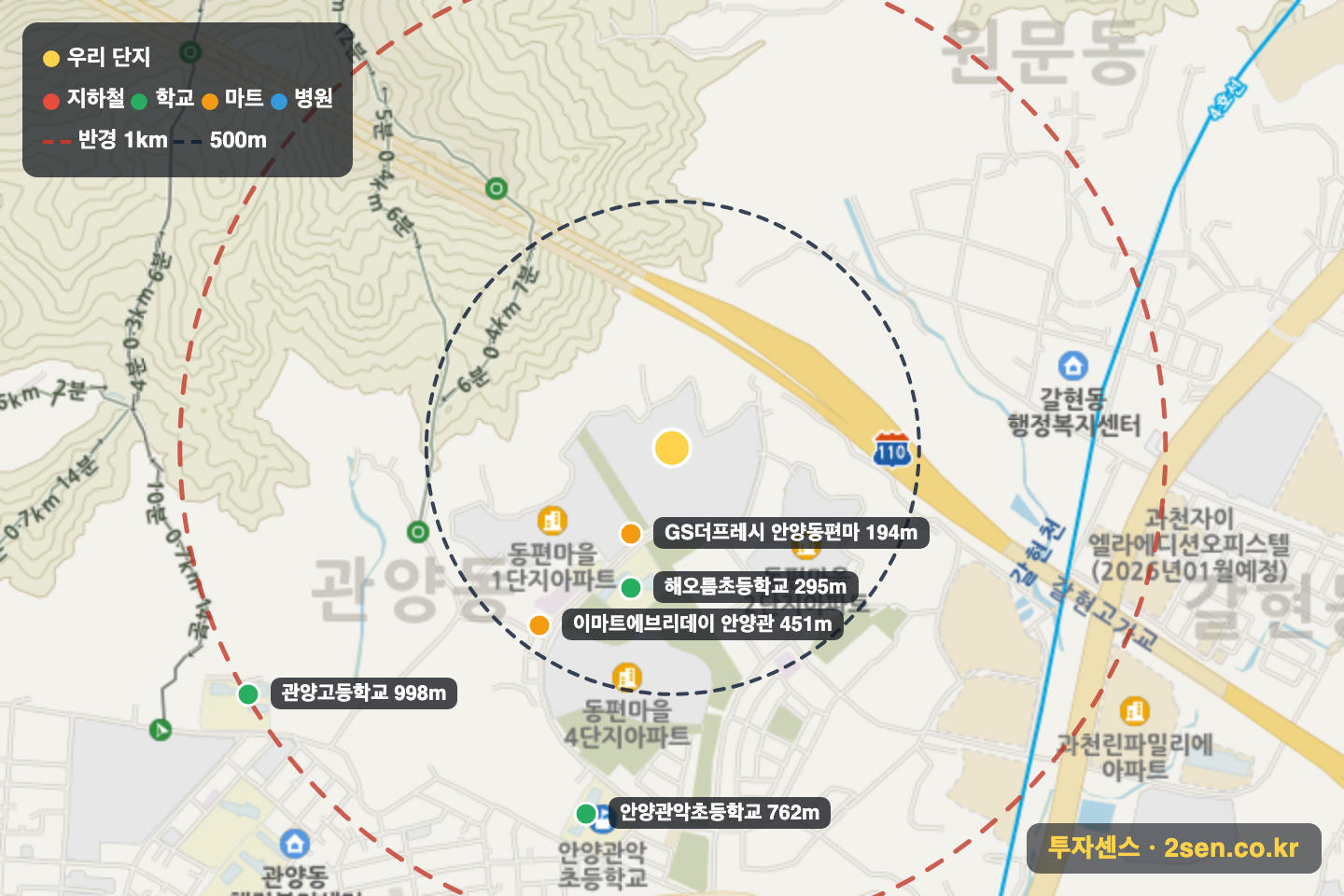 동편마을(3단지) 반경 1km 입지 지도(지하철·학교·마트)