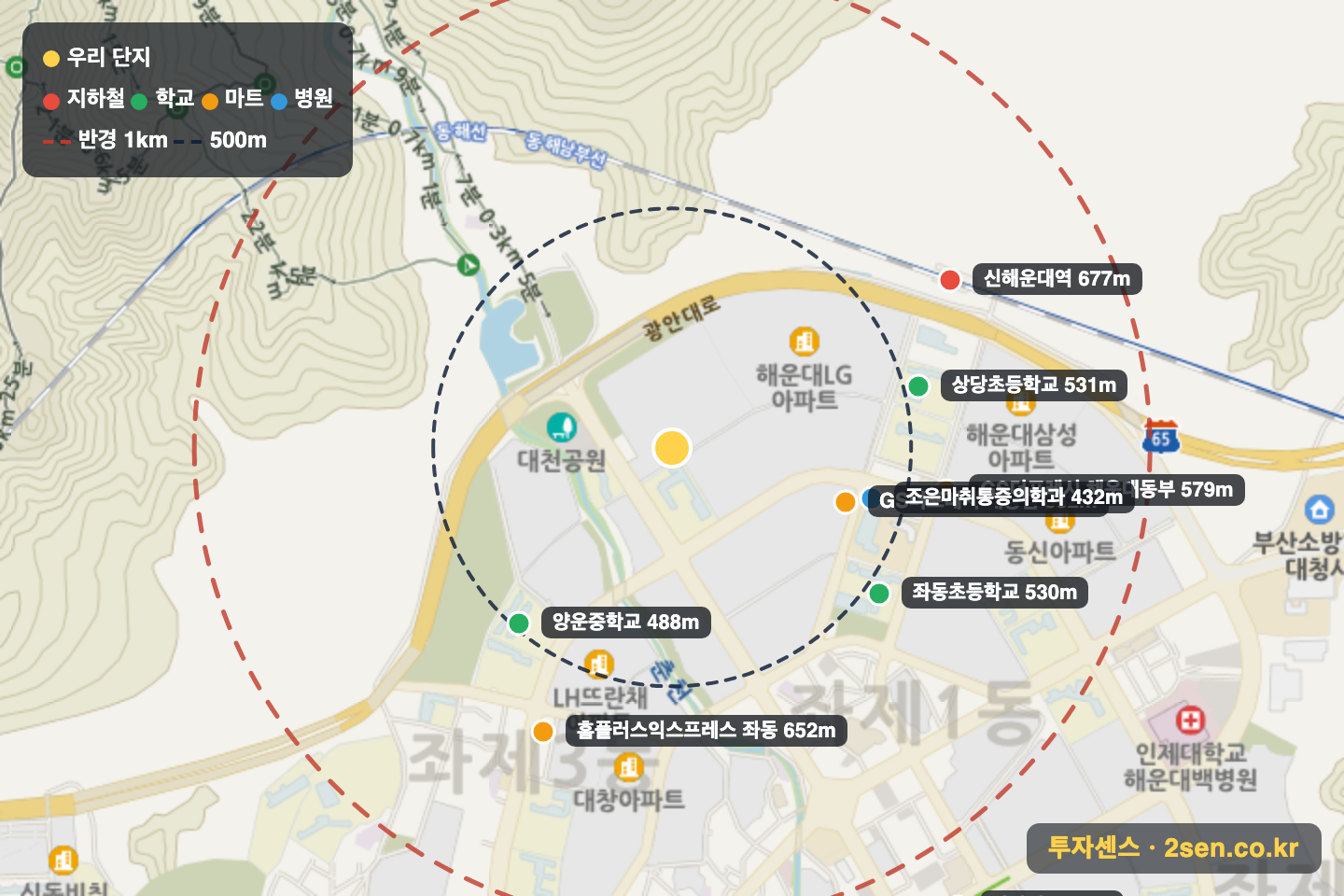두산1차아파트 반경 1km 입지 지도(지하철·학교·마트)