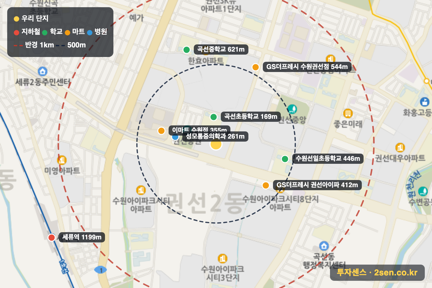두산동아 반경 1km 입지 지도(지하철·학교·마트)