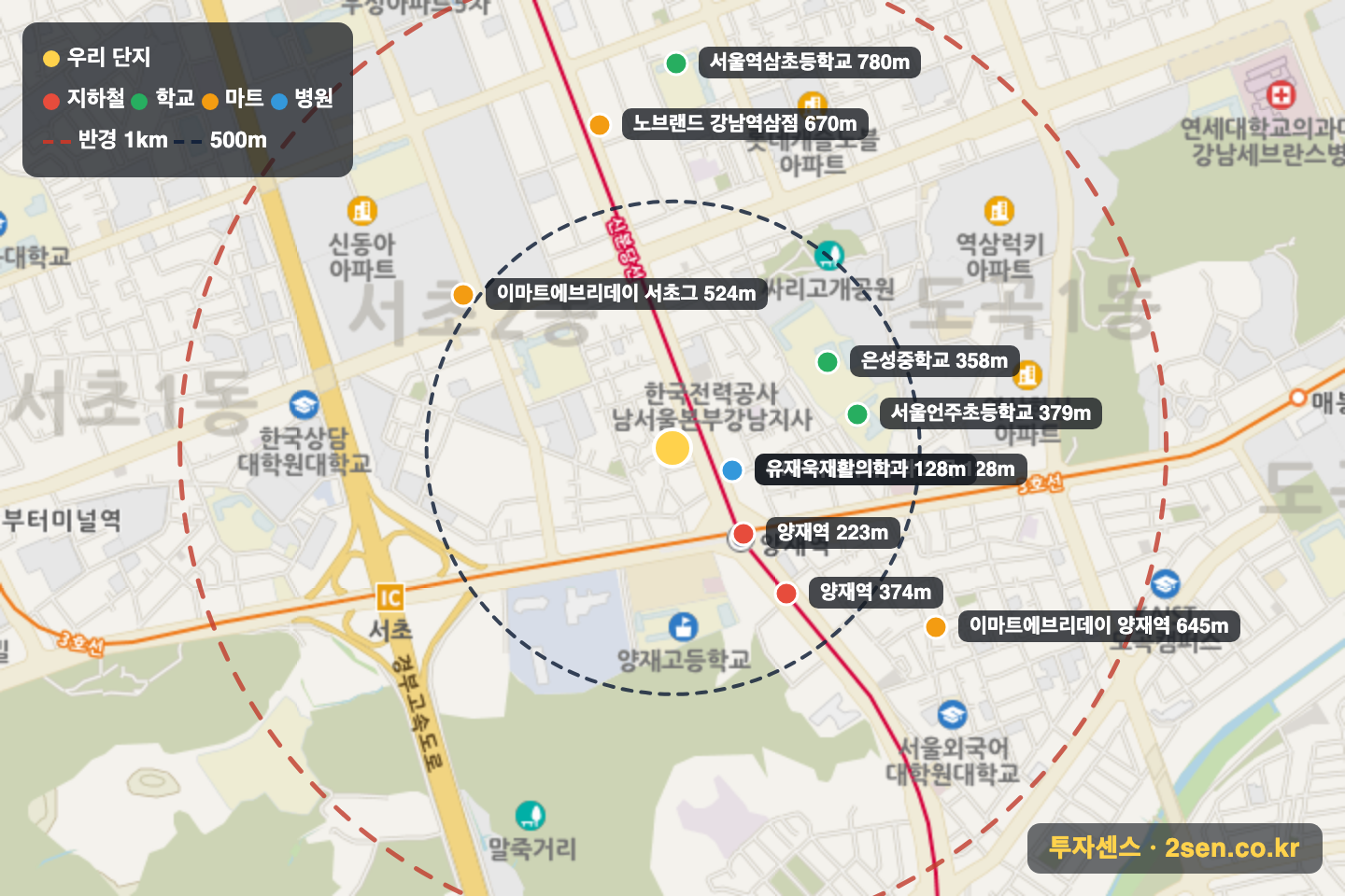 두산위브(1362) 반경 1km 입지 지도(지하철·학교·마트)