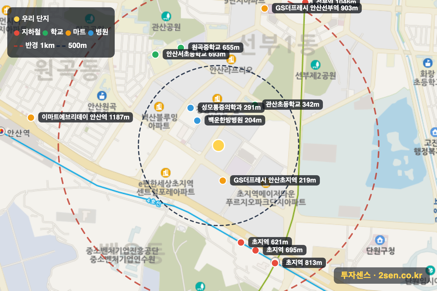 두산위브 반경 1km 입지 지도(지하철·학교·마트)