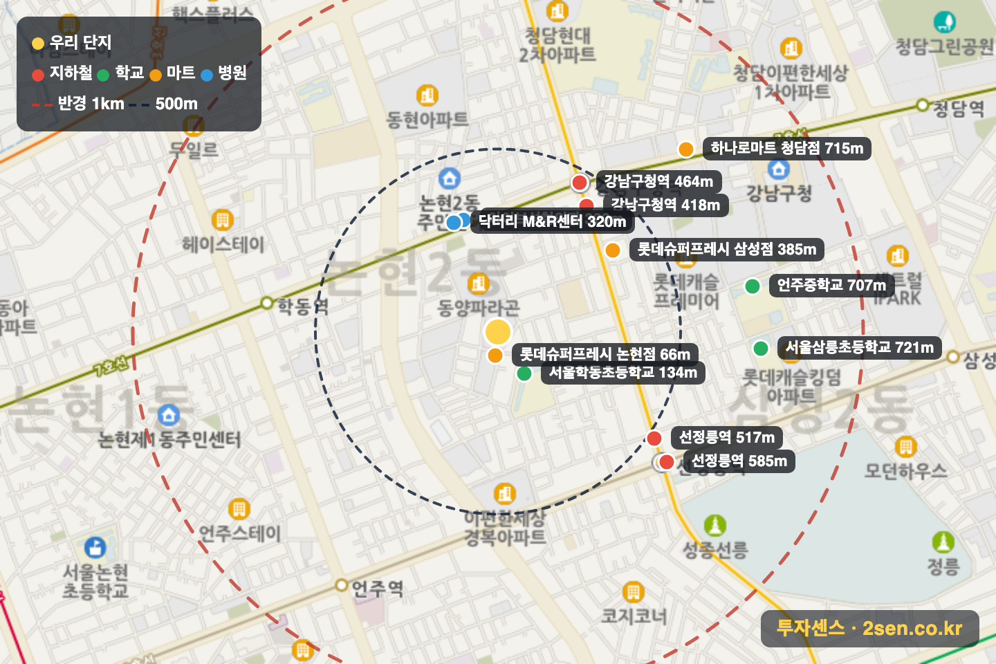 두산위브1단지 반경 1km 입지 지도(지하철·학교·마트)