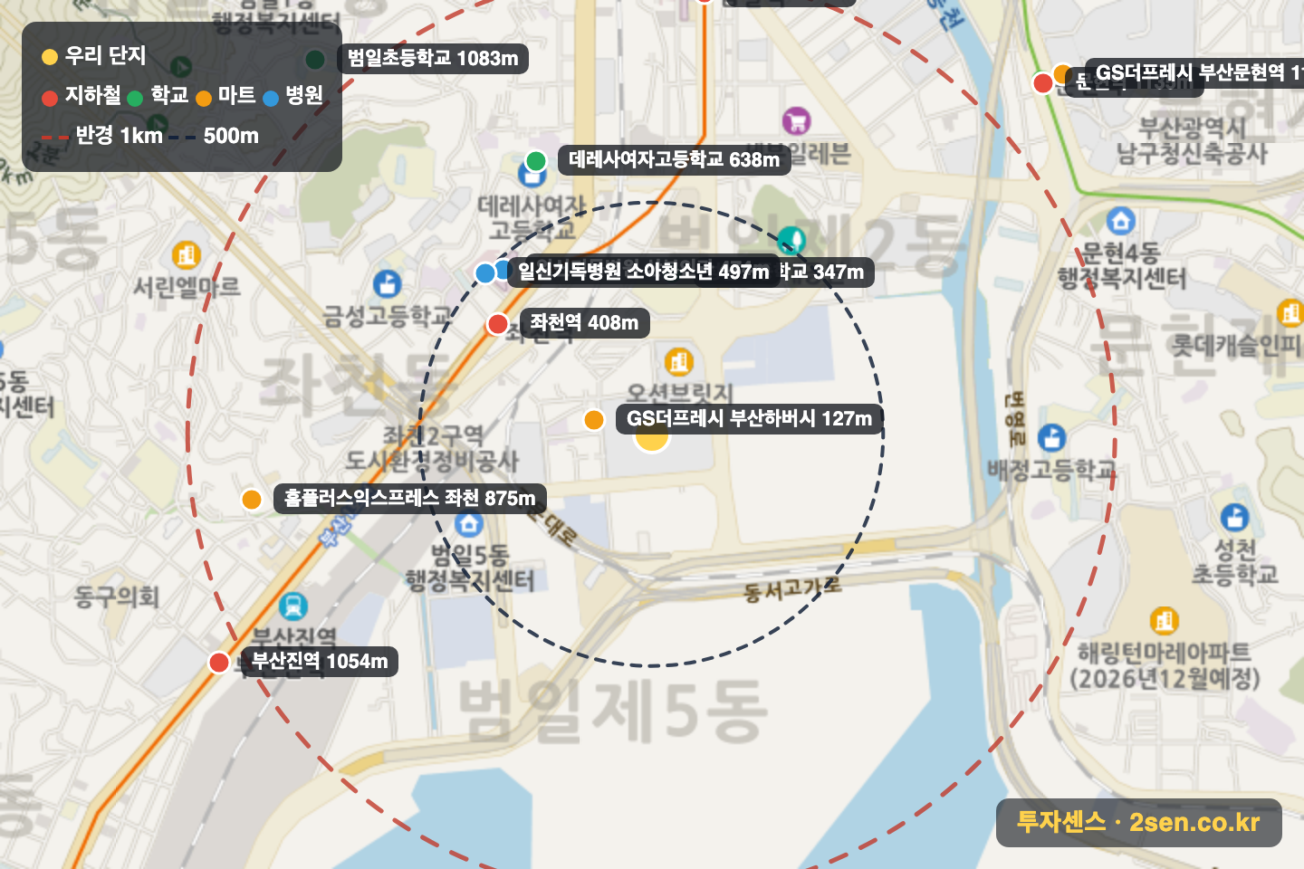 두산위브더제니스하버시티 반경 1km 입지 지도(지하철·학교·마트)