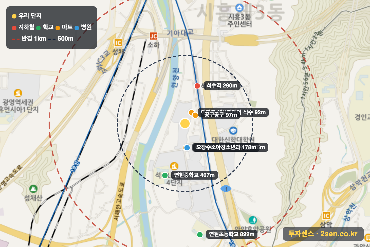 두산위브아파트 반경 1km 입지 지도(지하철·학교·마트)