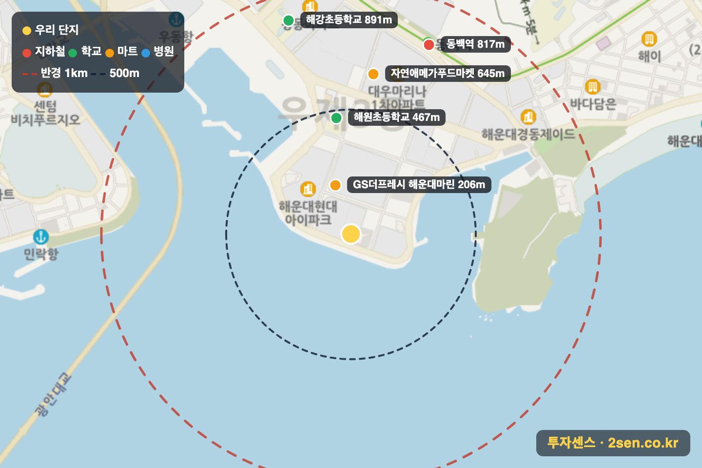 두산위브포세이돈 반경 1km 입지 지도(지하철·학교·마트)