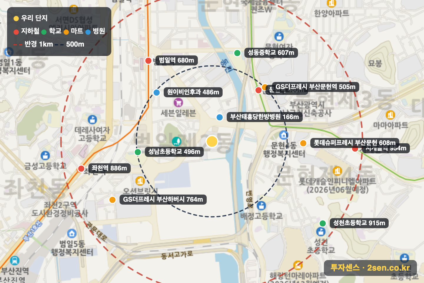 두산위브포세이돈2 반경 1km 입지 지도(지하철·학교·마트)