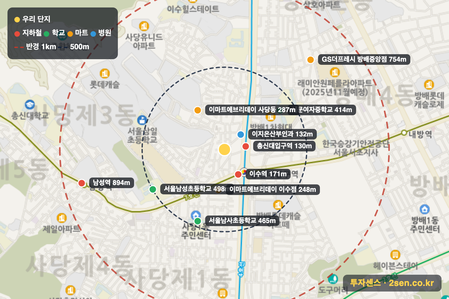두원 반경 1km 입지 지도(지하철·학교·마트)