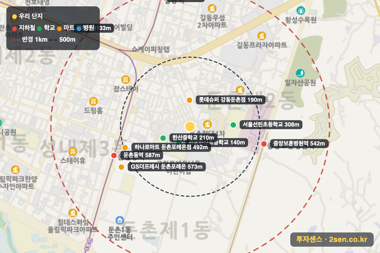 둔촌하이츠 반경 1km 입지 지도(지하철·학교·마트)
