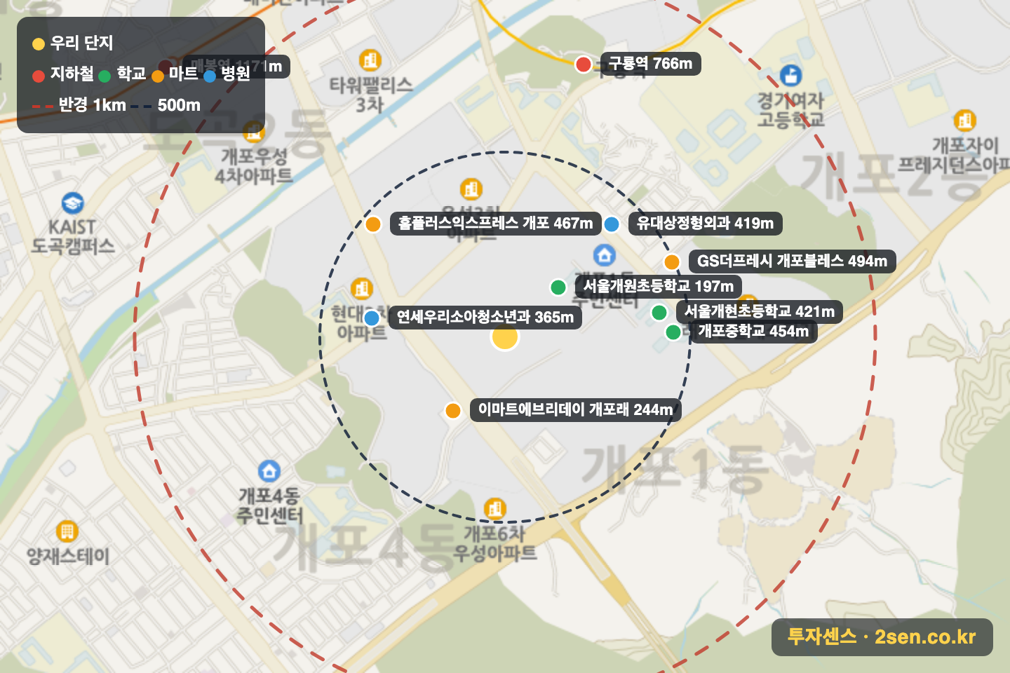 디에이치퍼스티어아이파크 반경 1km 입지 지도(지하철·학교·마트)