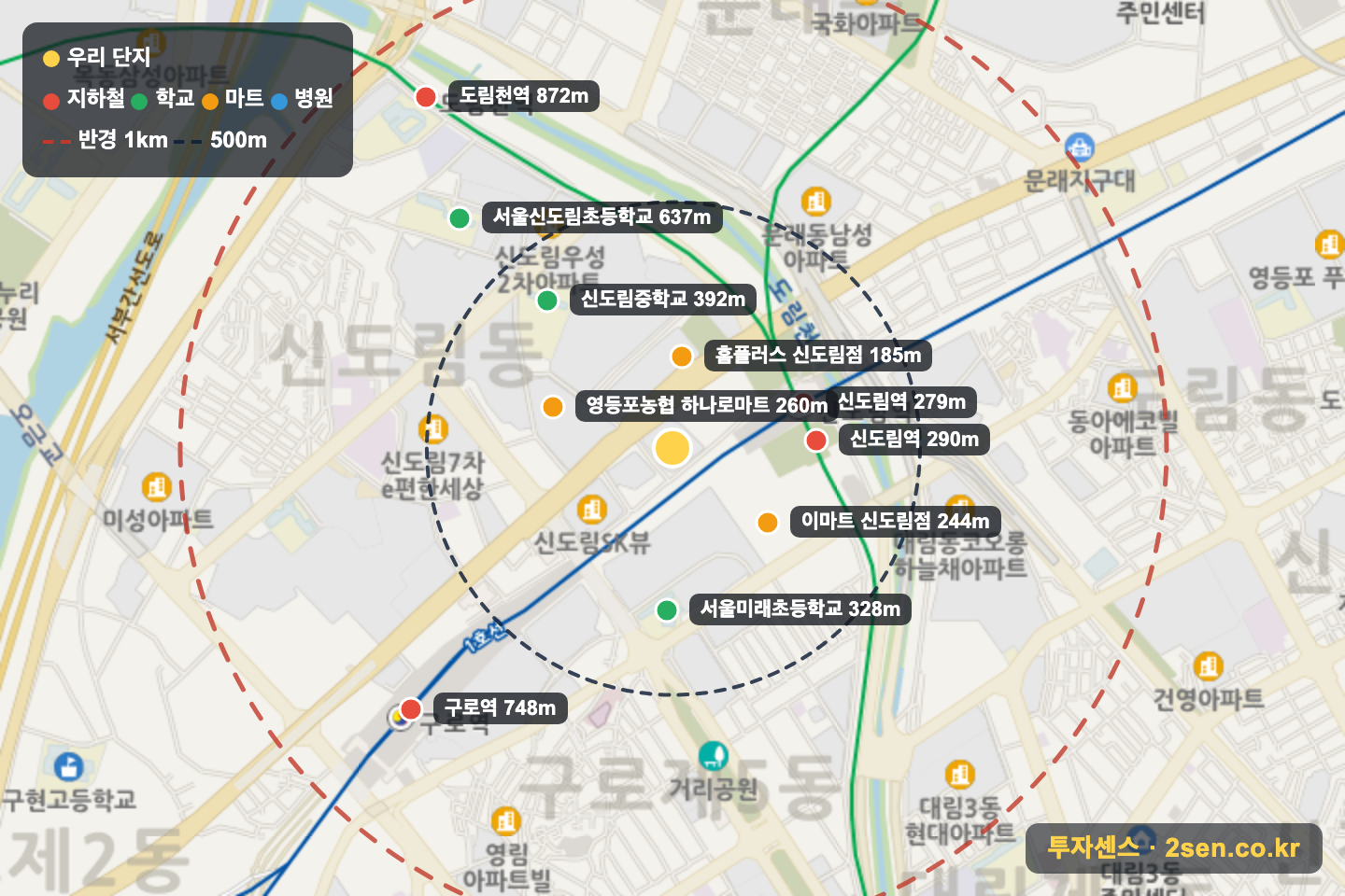 디큐브시티 반경 1km 입지 지도(지하철·학교·마트)