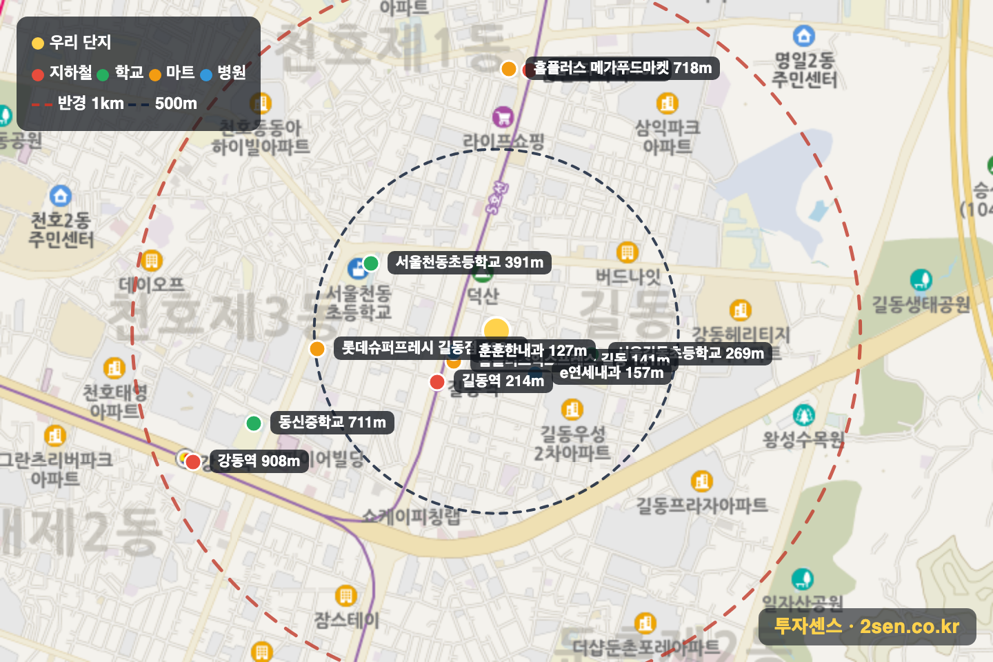 라인 반경 1km 입지 지도(지하철·학교·마트)