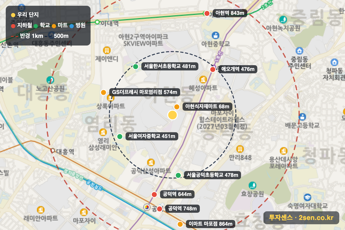 래미안공덕5차 반경 1km 입지 지도(지하철·학교·마트)