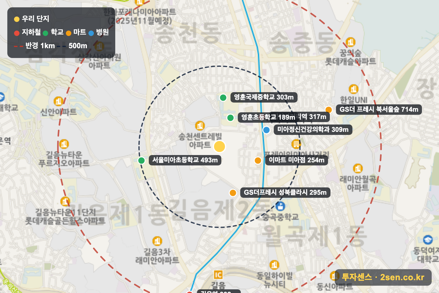 래미안길음센터피스 반경 1km 입지 지도(지하철·학교·마트)