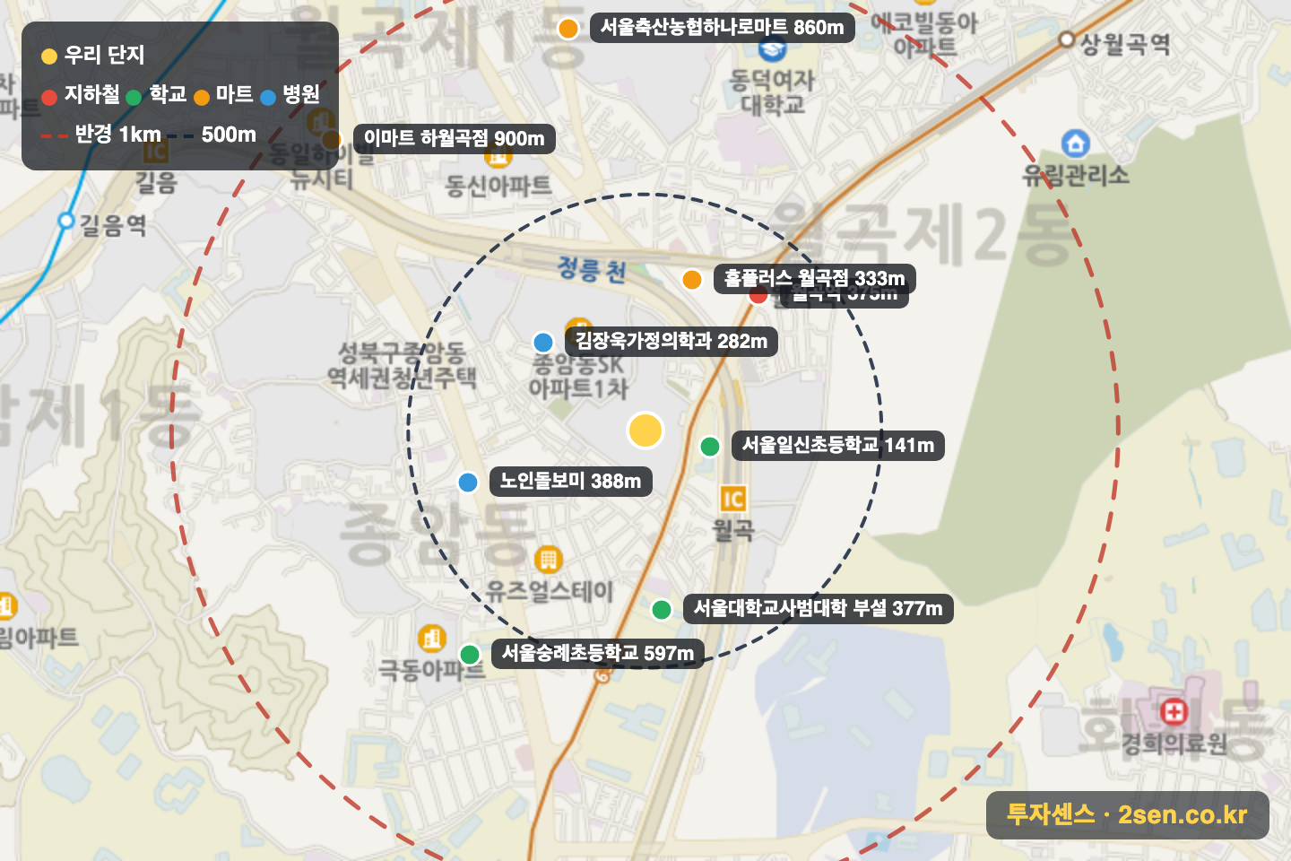 래미안라센트 반경 1km 입지 지도(지하철·학교·마트)