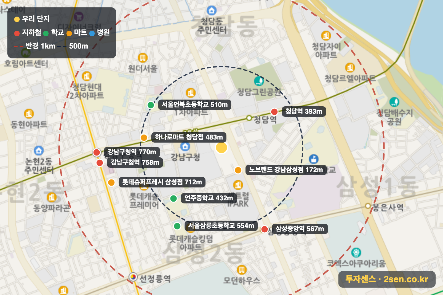 래미안라클래시 반경 1km 입지 지도(지하철·학교·마트)