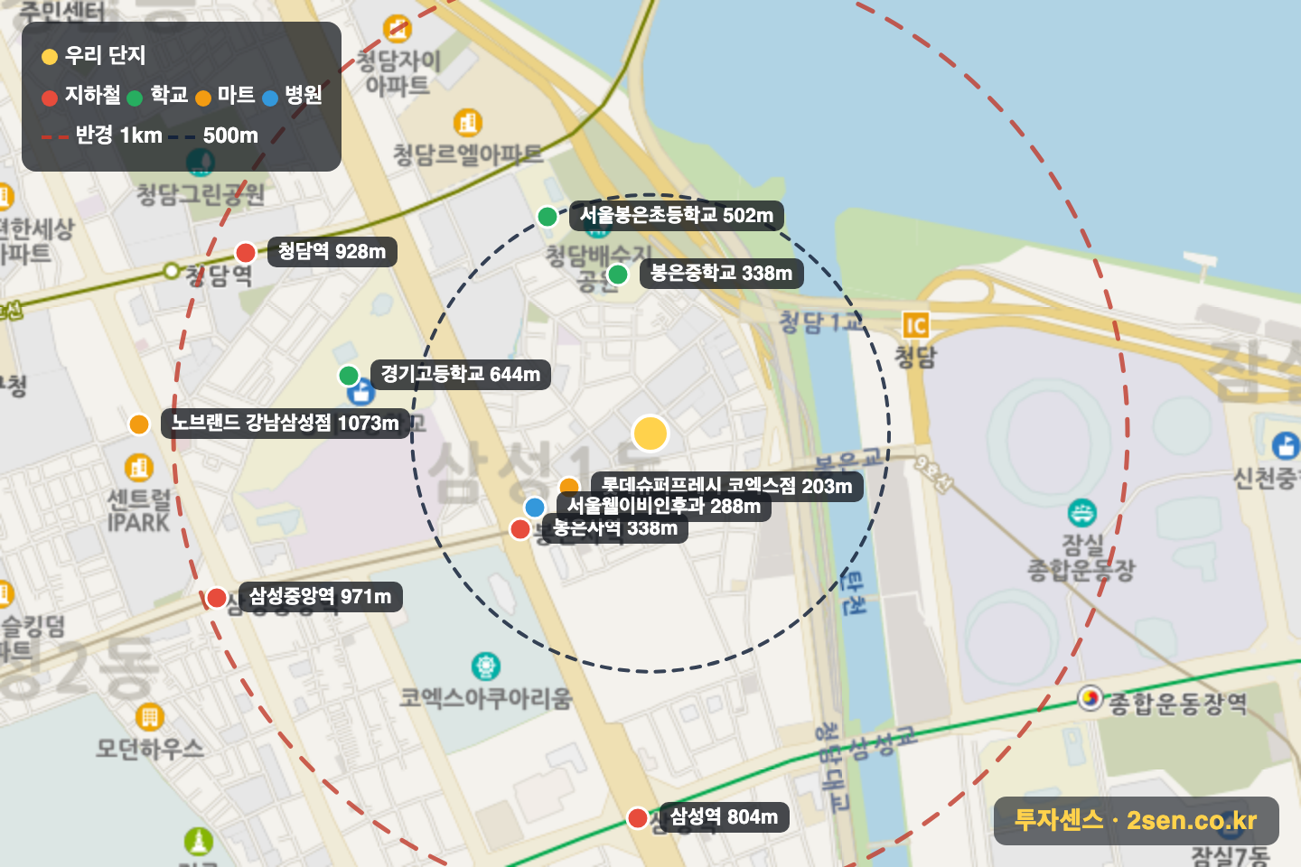 래미안삼성1차(103-22) 반경 1km 입지 지도(지하철·학교·마트)