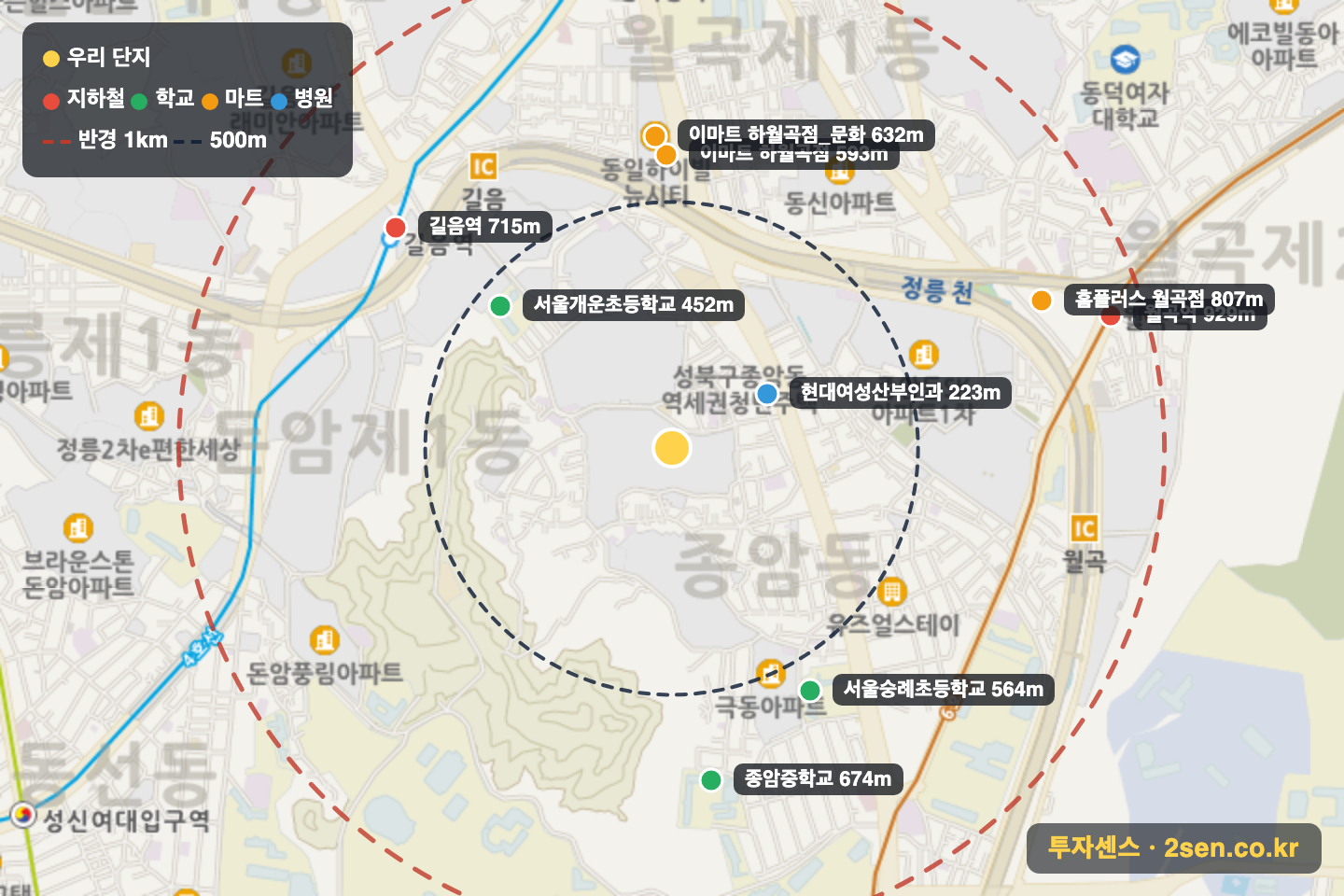 래미안세레니티 반경 1km 입지 지도(지하철·학교·마트)