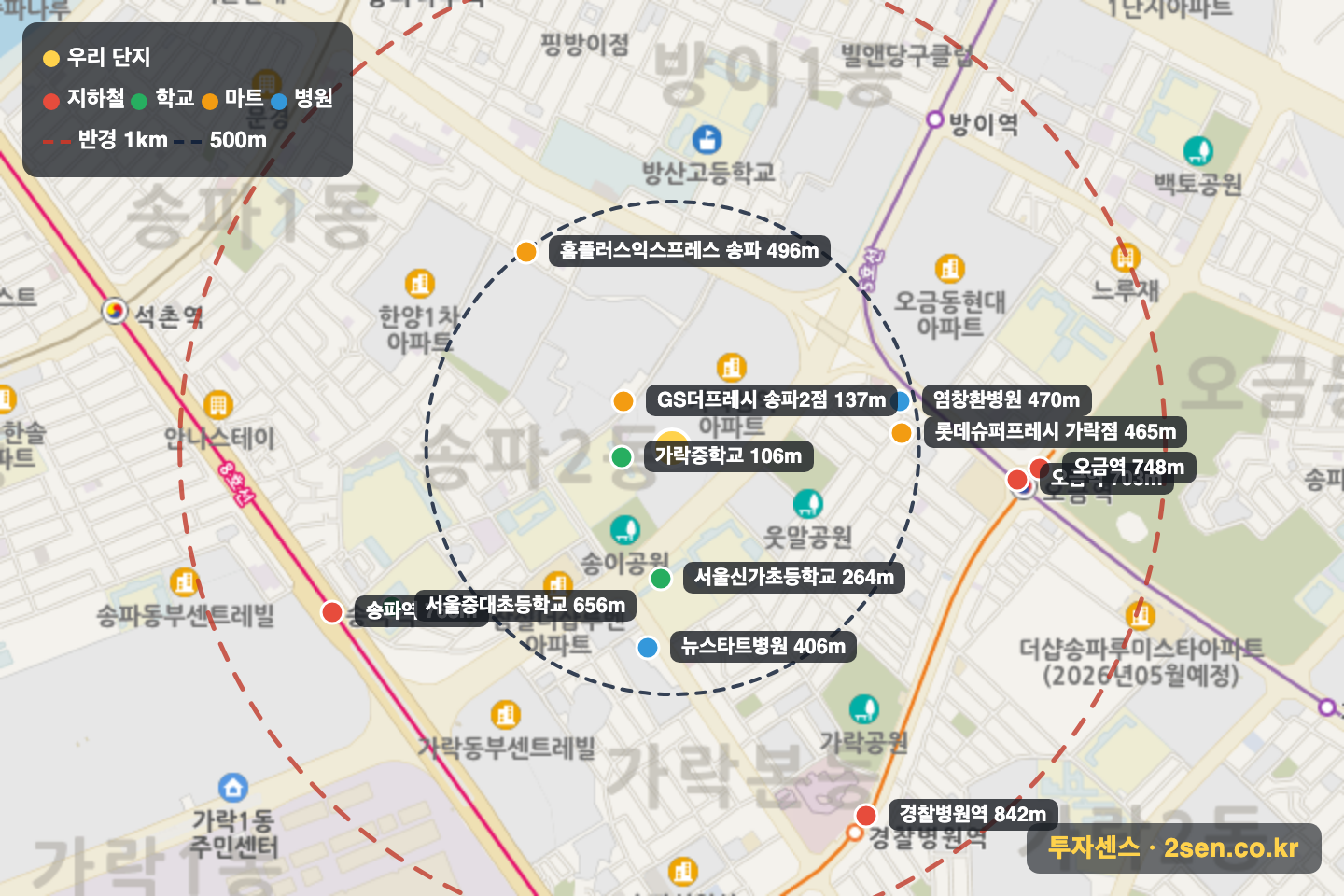 래미안송파파인탑 반경 1km 입지 지도(지하철·학교·마트)