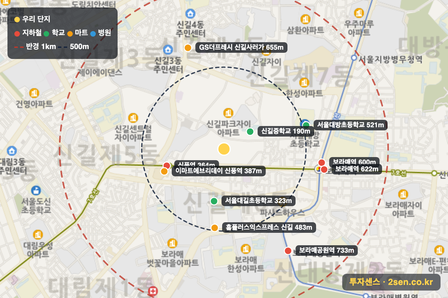 래미안에스티움 반경 1km 입지 지도(지하철·학교·마트)