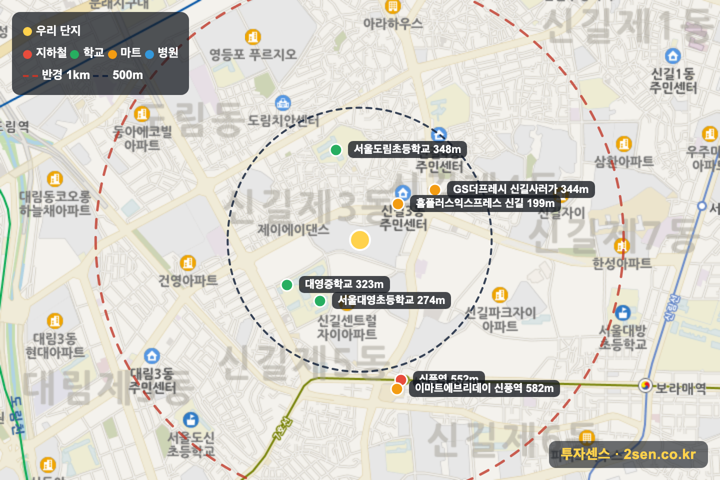 래미안영등포프레비뉴 반경 1km 입지 지도(지하철·학교·마트)