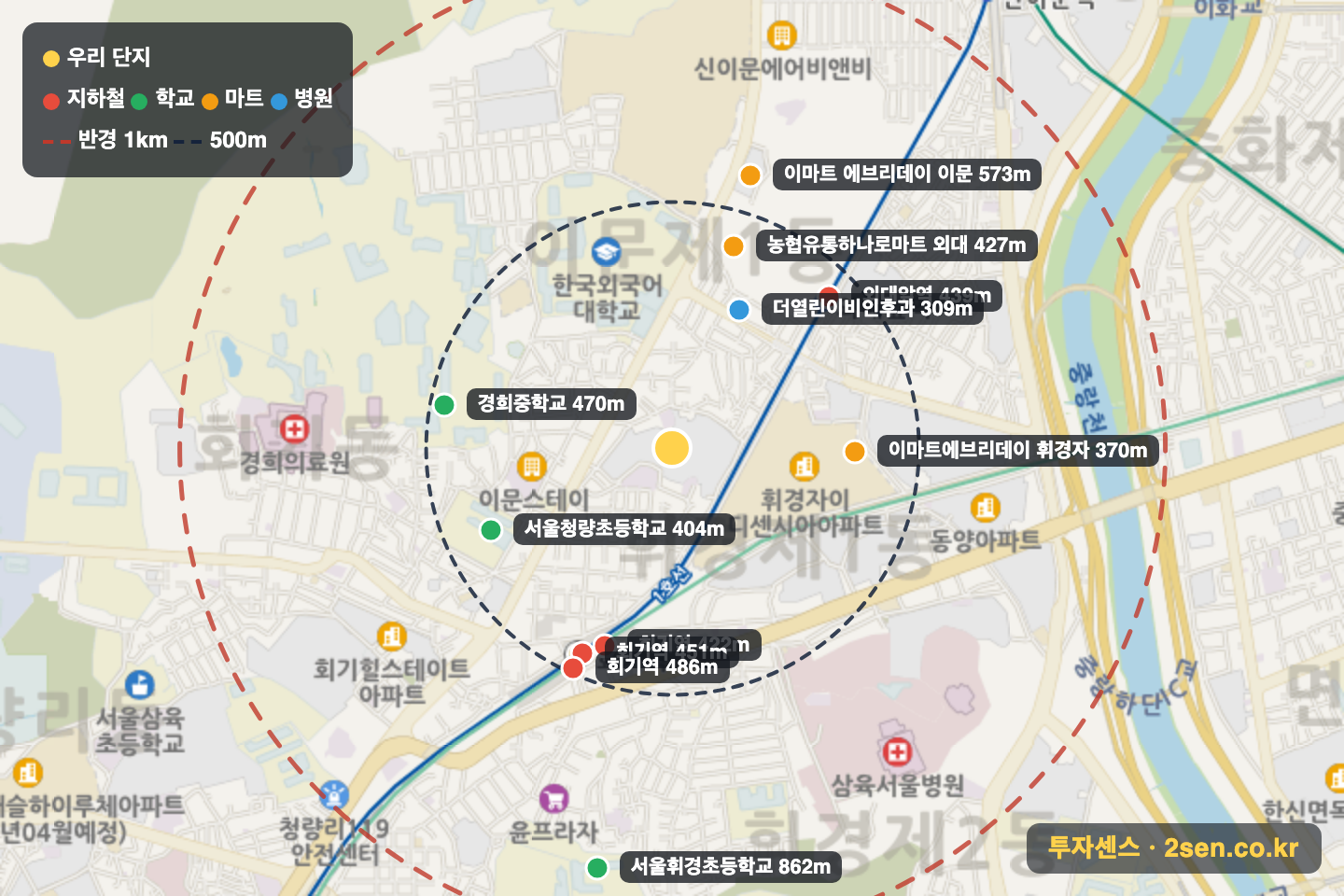래미안이문2차 반경 1km 입지 지도(지하철·학교·마트)