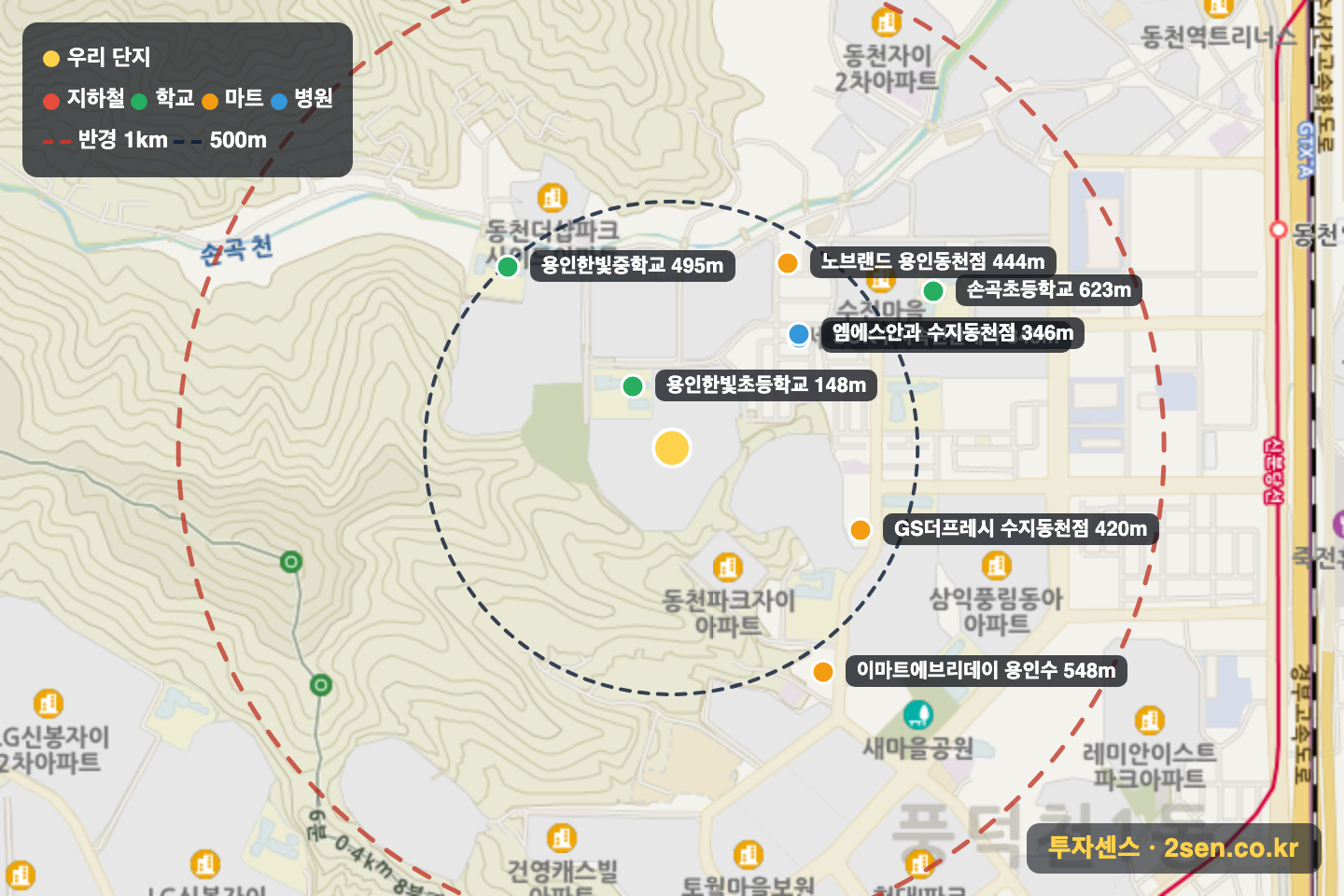 래미안이스트팰리스3단지 반경 1km 입지 지도(지하철·학교·마트)