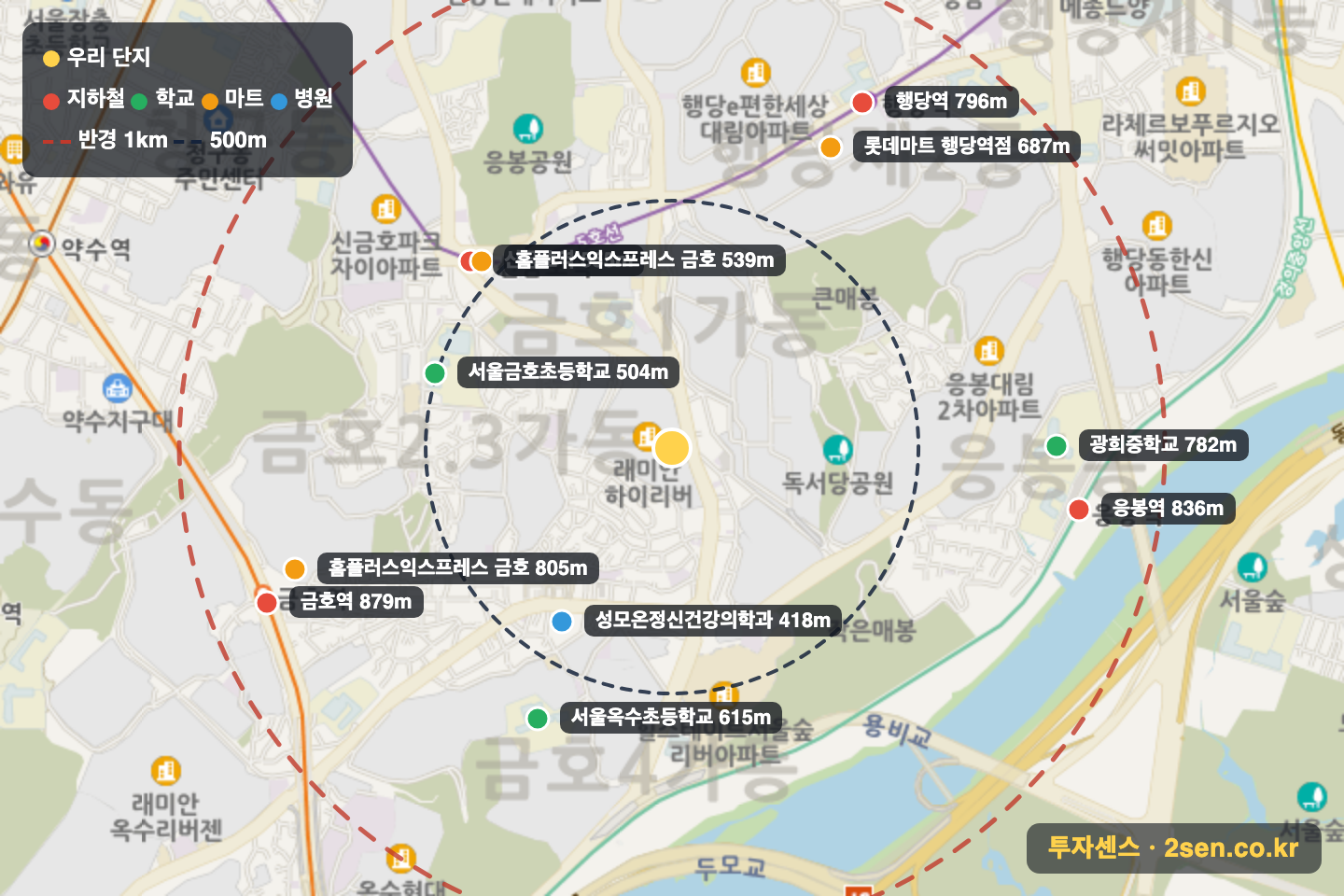 래미안하이리버 반경 1km 입지 지도(지하철·학교·마트)