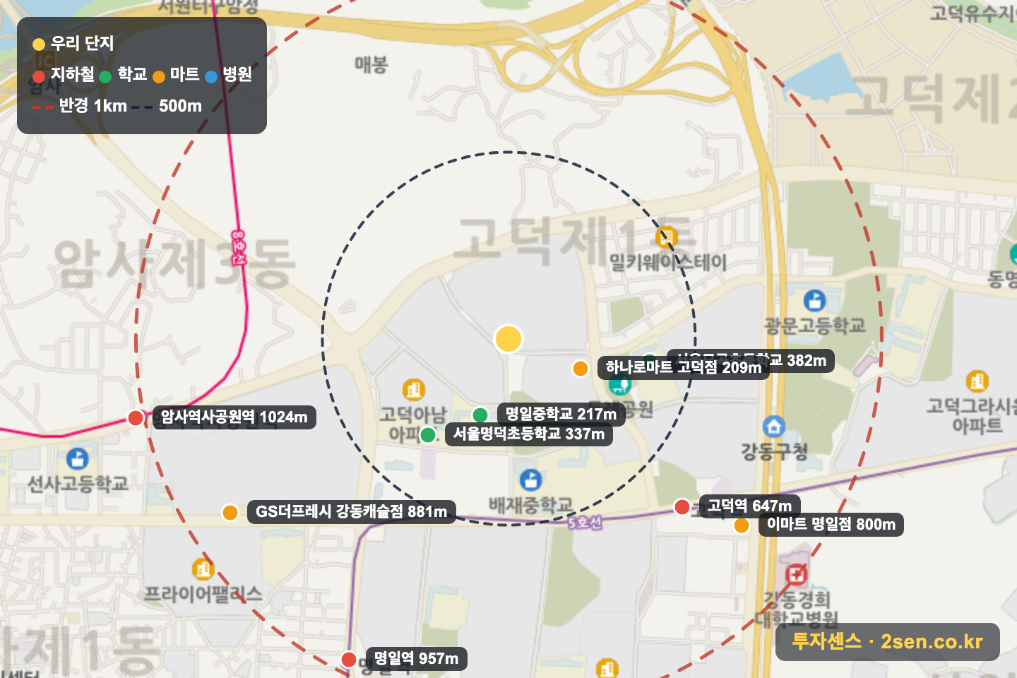 래미안힐스테이트고덕 반경 1km 입지 지도(지하철·학교·마트)