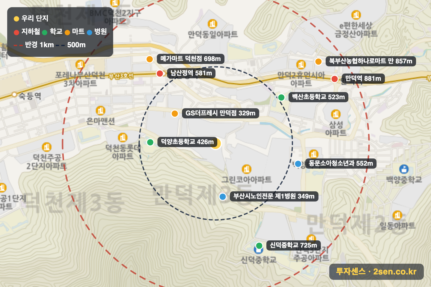 럭키 반경 1km 입지 지도(지하철·학교·마트)