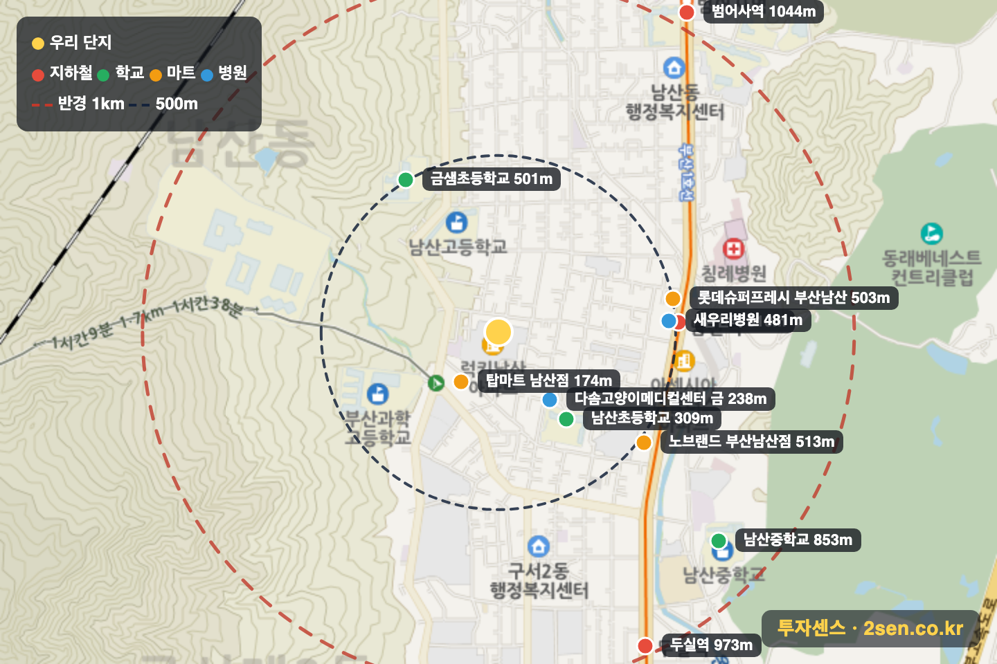 럭키남산 반경 1km 입지 지도(지하철·학교·마트)