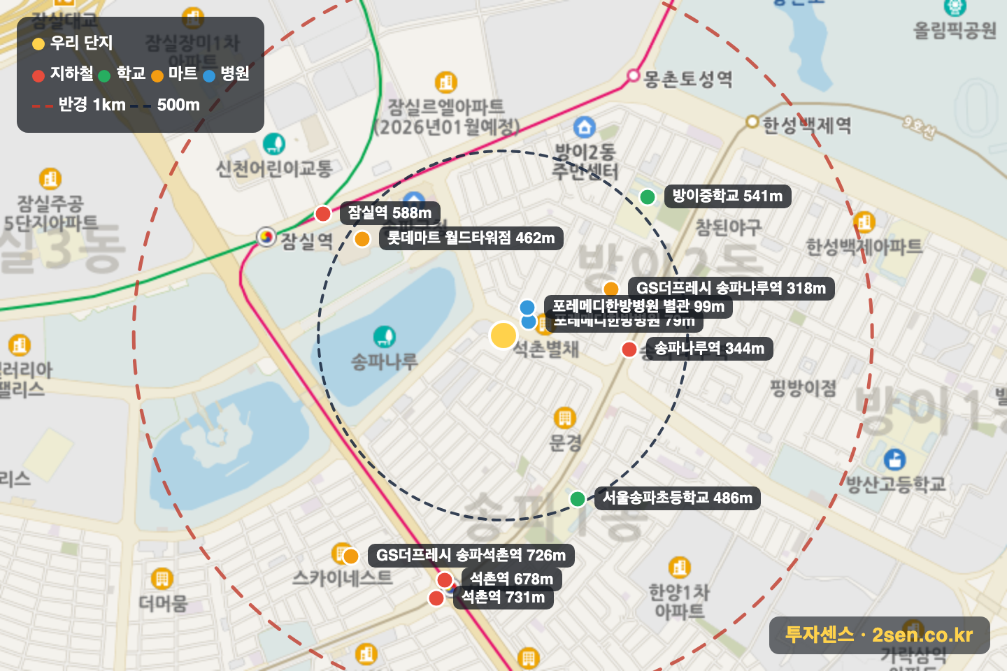레이크해모로 반경 1km 입지 지도(지하철·학교·마트)