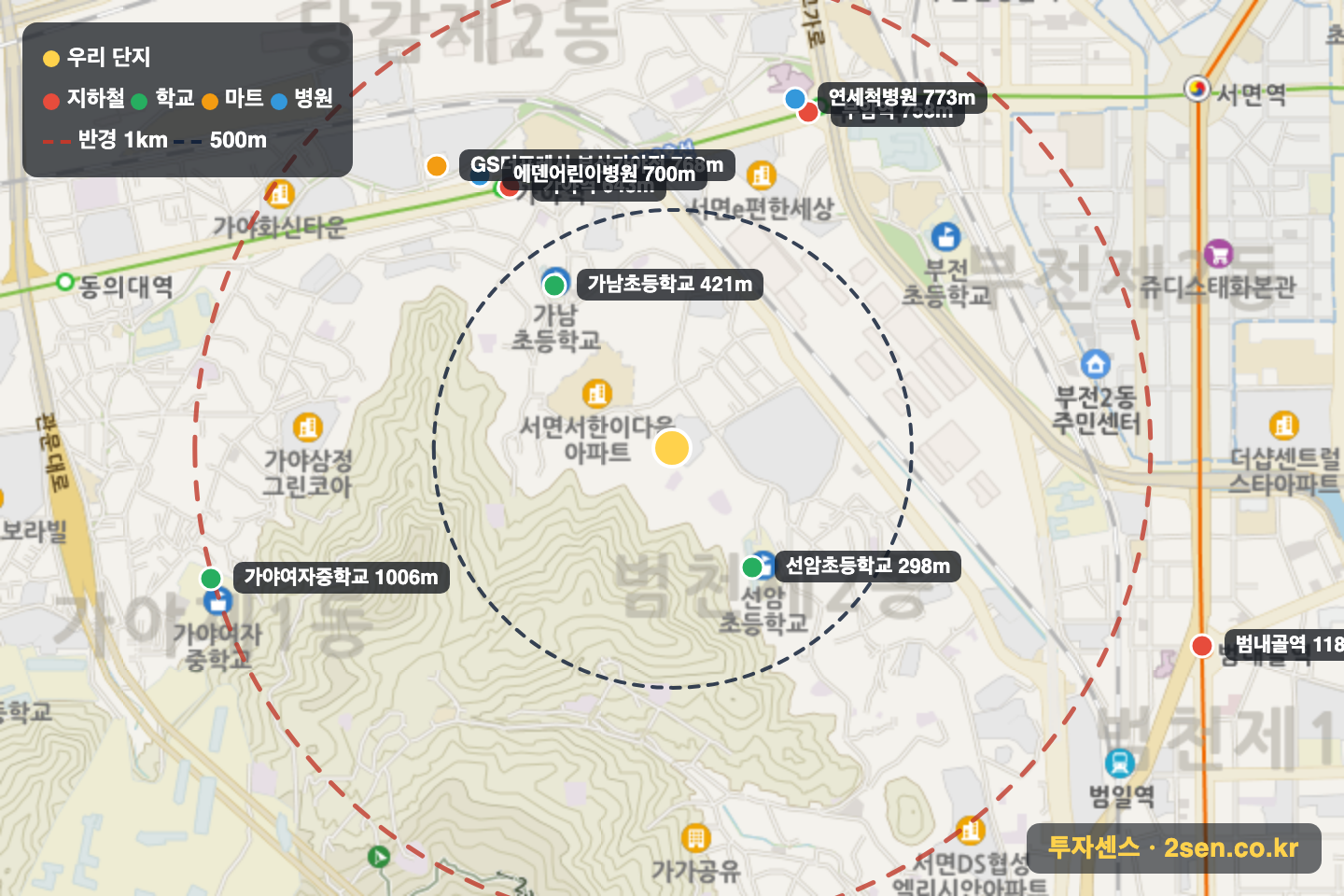 로얄 반경 1km 입지 지도(지하철·학교·마트)