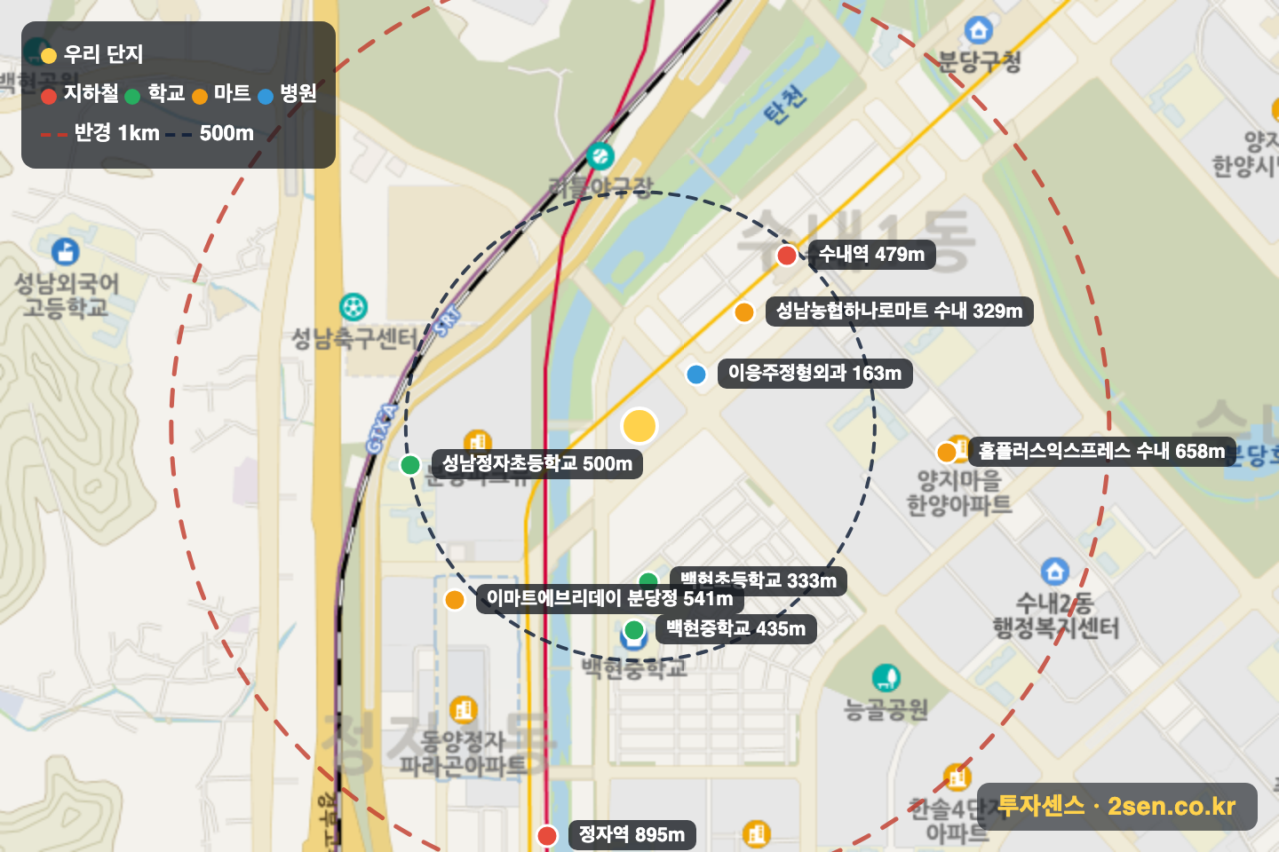 로얄팰리스 반경 1km 입지 지도(지하철·학교·마트)