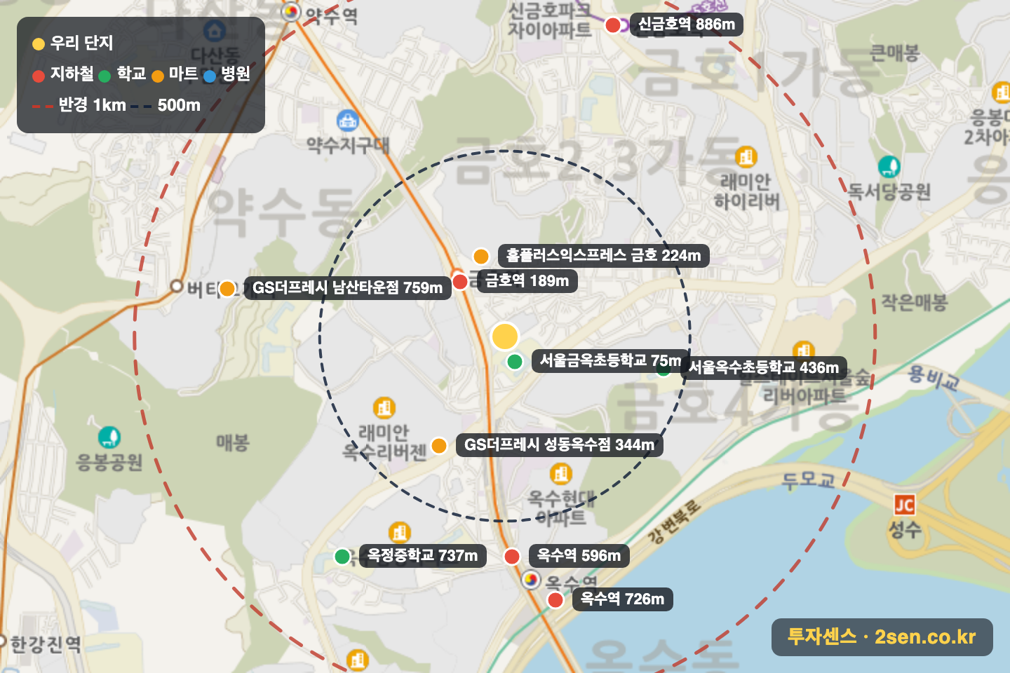 롯데 반경 1km 입지 지도(지하철·학교·마트)
