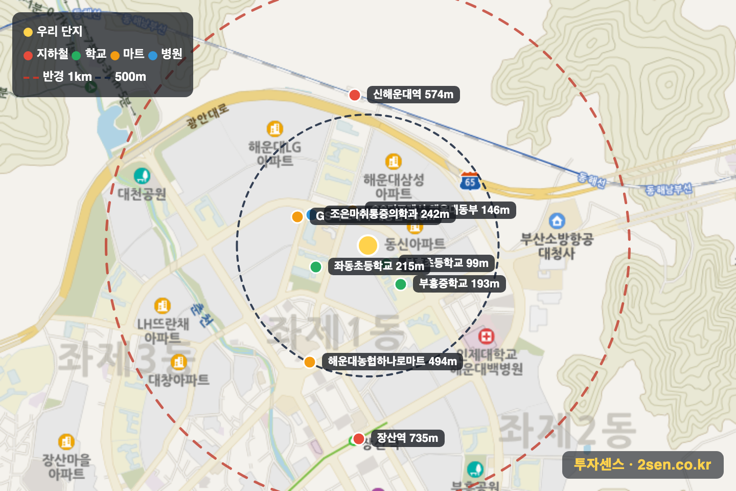 롯데3차 반경 1km 입지 지도(지하철·학교·마트)