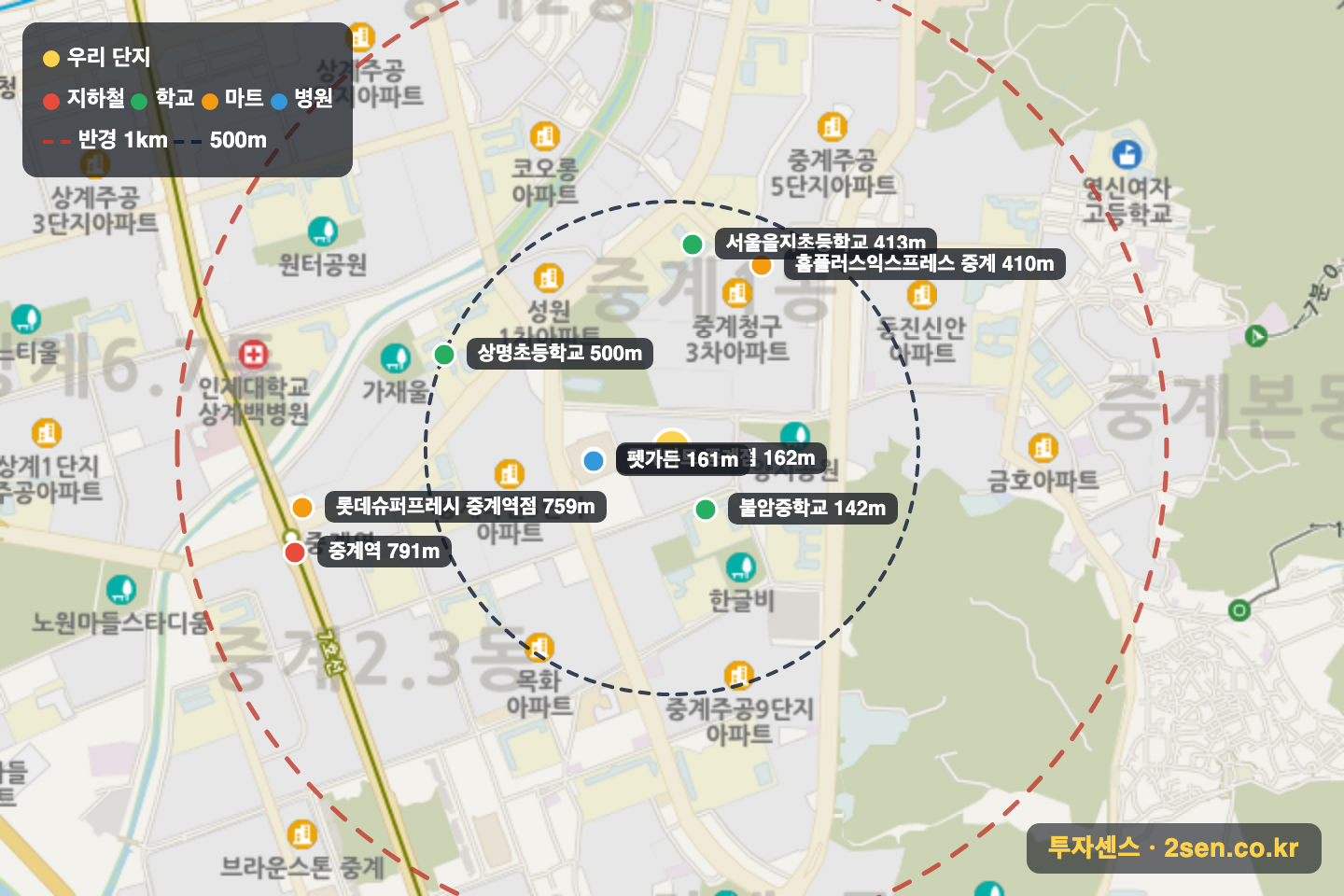 롯데우성 반경 1km 입지 지도(지하철·학교·마트)