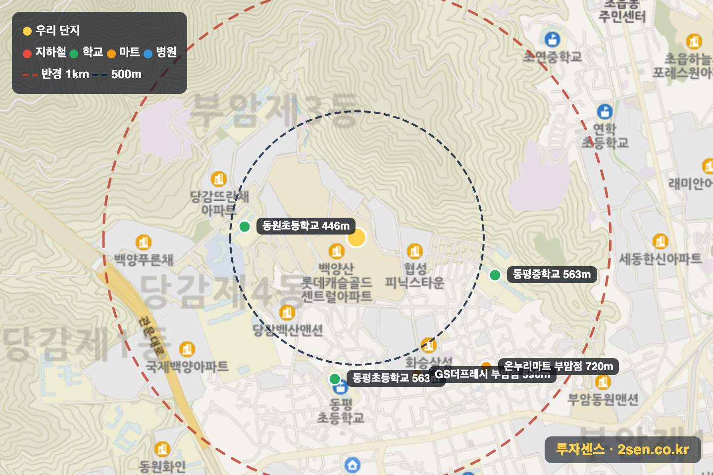 롯데캐슬라센트 반경 1km 입지 지도(지하철·학교·마트)