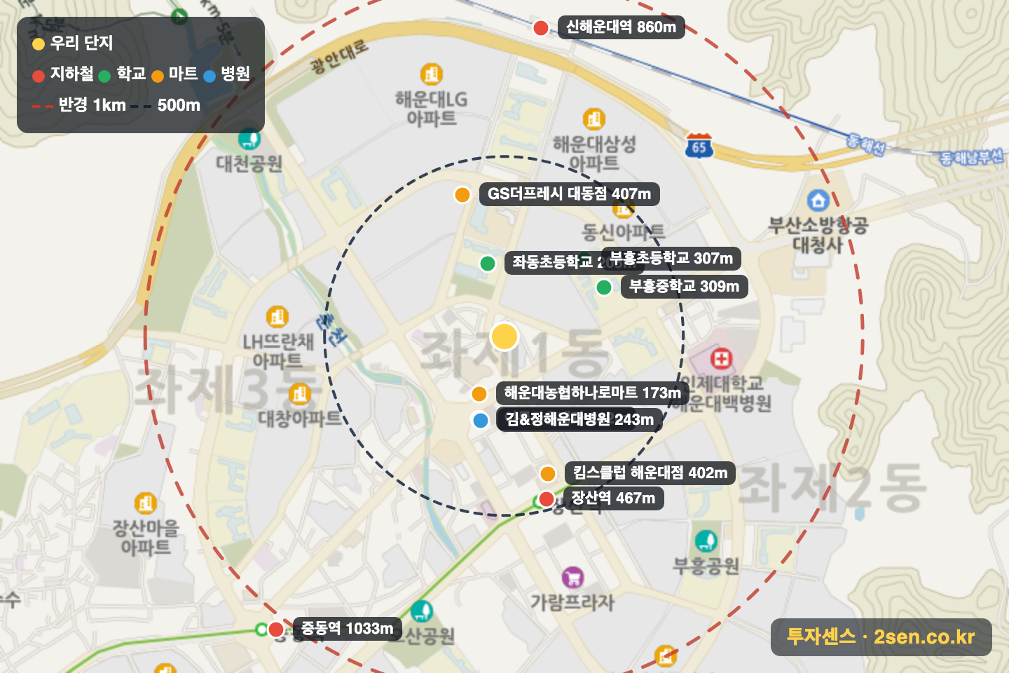 롯데캐슬마스터 반경 1km 입지 지도(지하철·학교·마트)