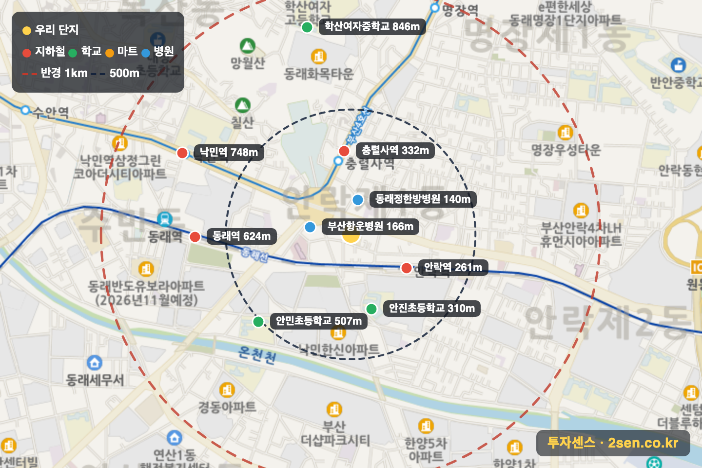 롯데캐슬애브뉴 반경 1km 입지 지도(지하철·학교·마트)
