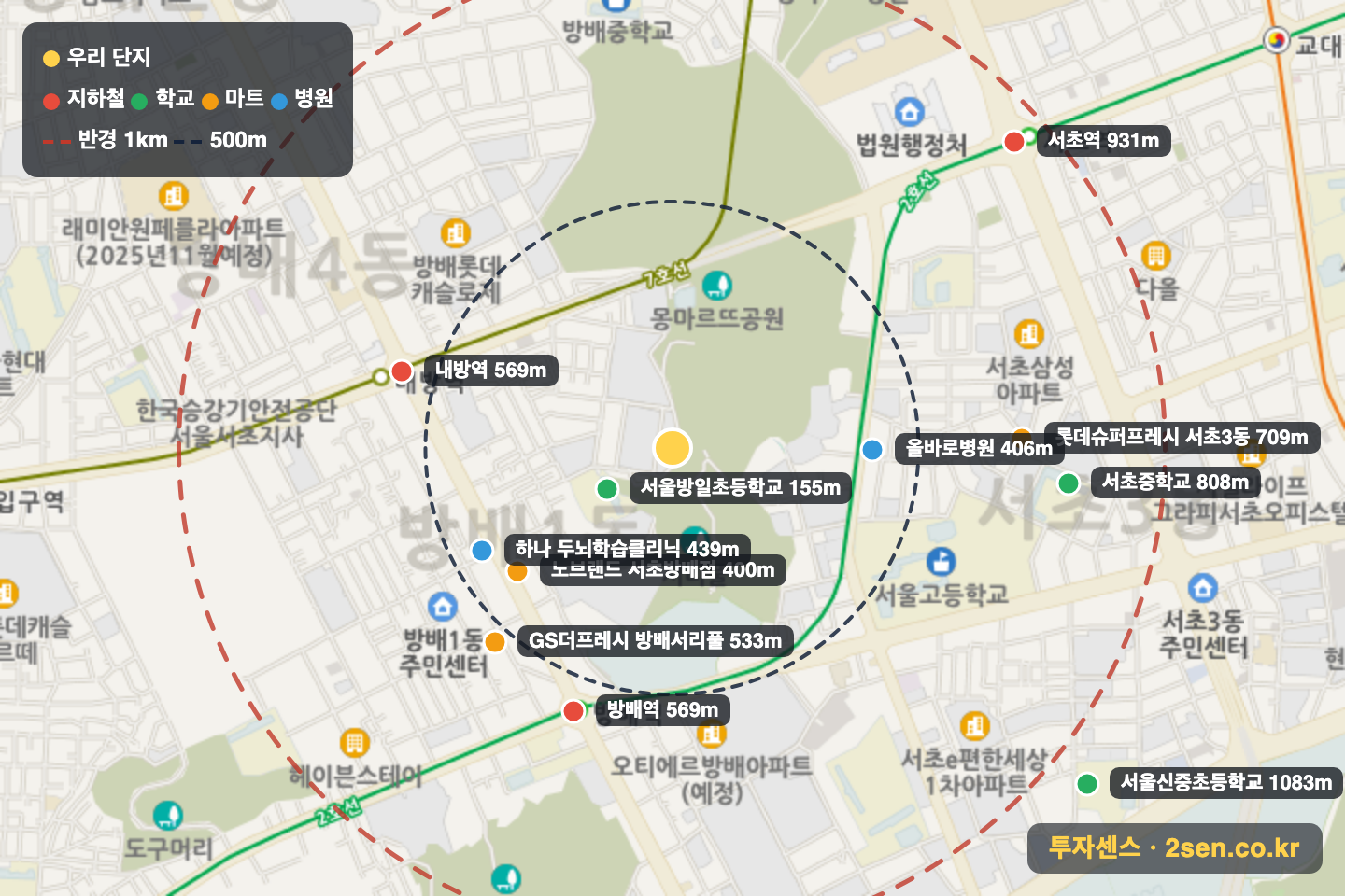 롯데캐슬파크(38) 반경 1km 입지 지도(지하철·학교·마트)