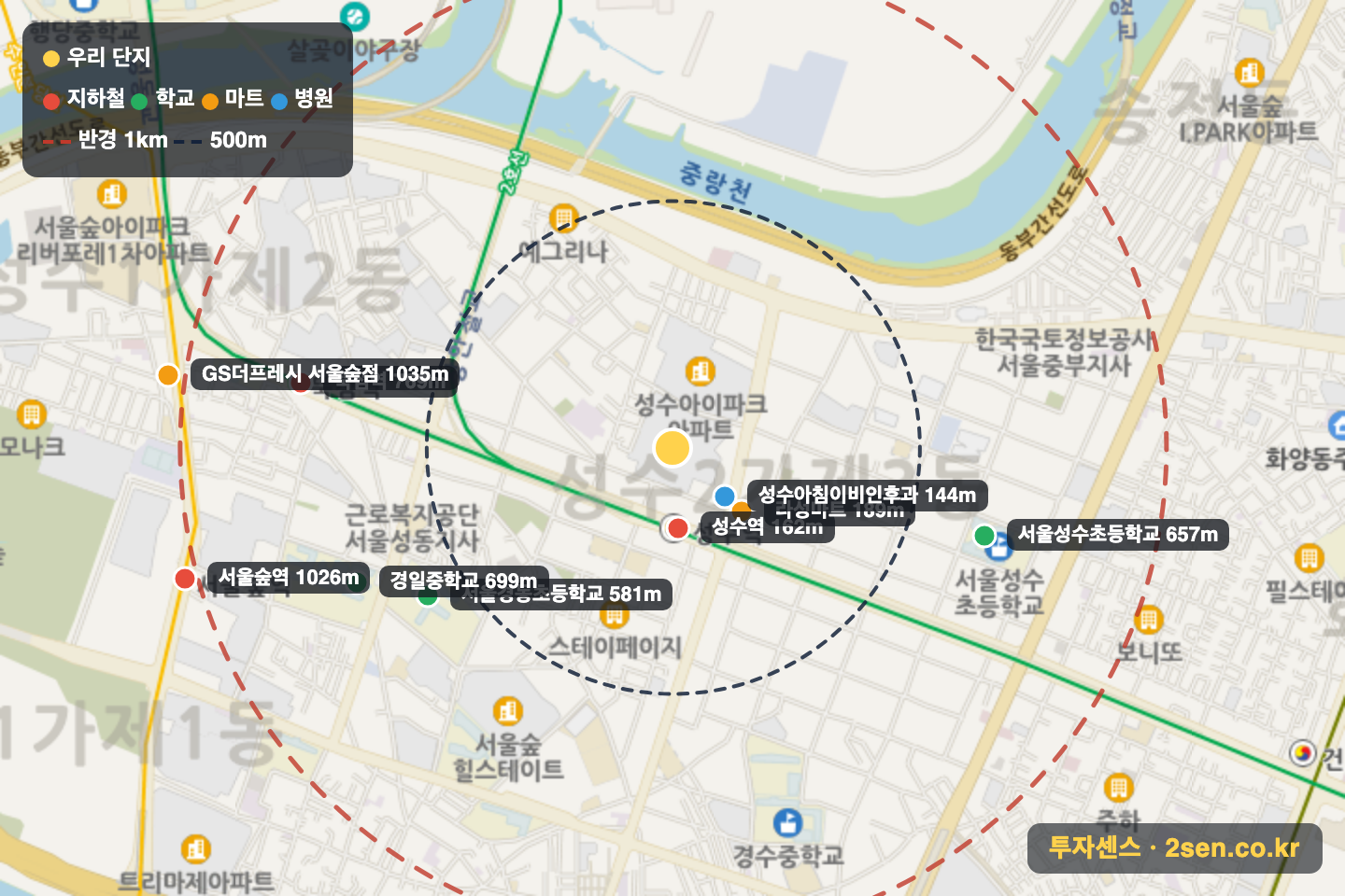 롯데캐슬파크 반경 1km 입지 지도(지하철·학교·마트)
